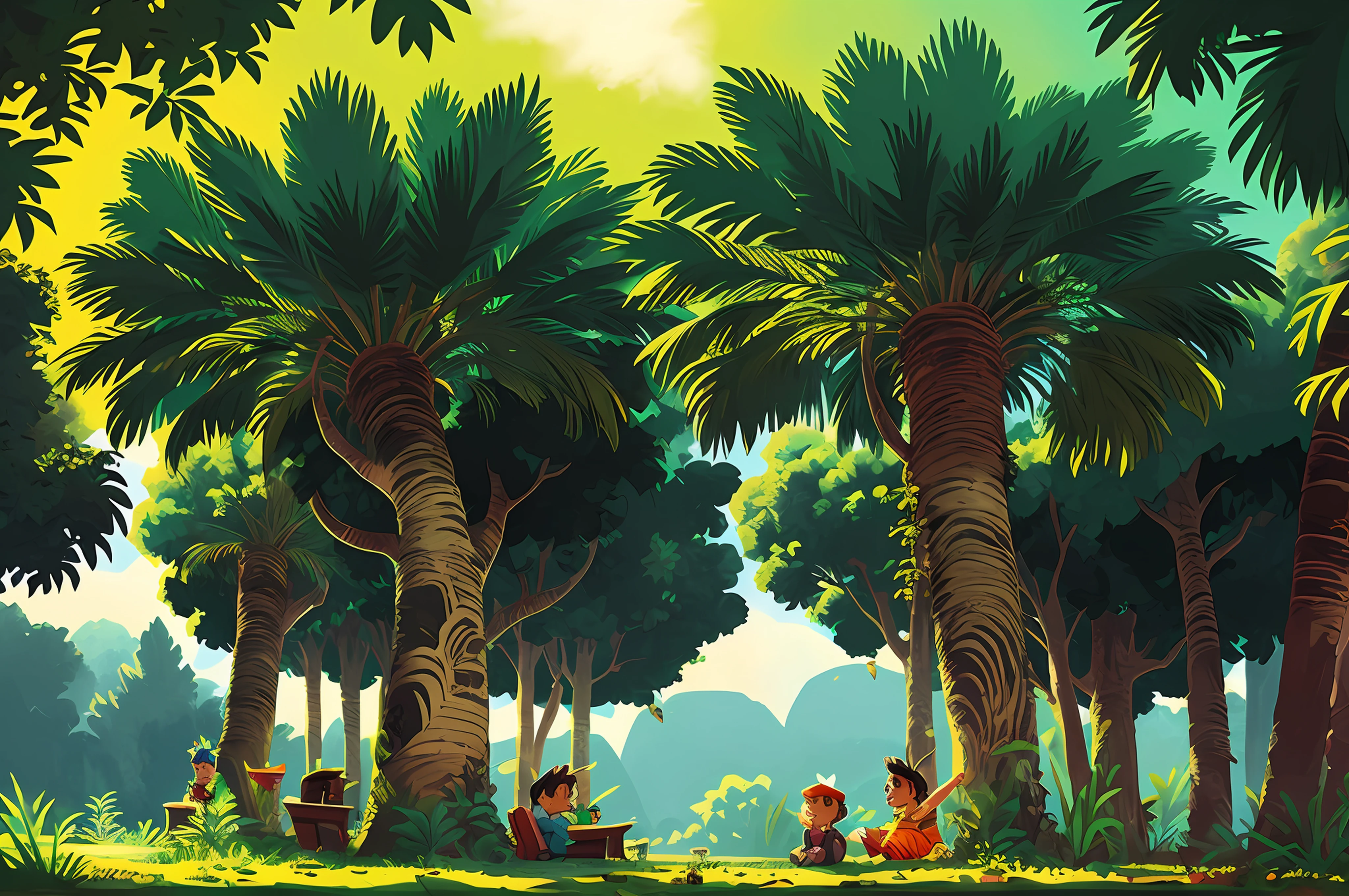 Cartoon scene of a jungle with an Indian boy and a white girl and a black boy sitting on a bench, relaxing concept art, game illustration, digital cartoon painting art, digital cartoon painting, highly detailed digital painting, highly detailed digital painting, environment design illustration,very detailed detailed. digital painting, sitting in a colorful forest, very detailed digital painting, in a tropical forest, picnic in the forest, sunny environment