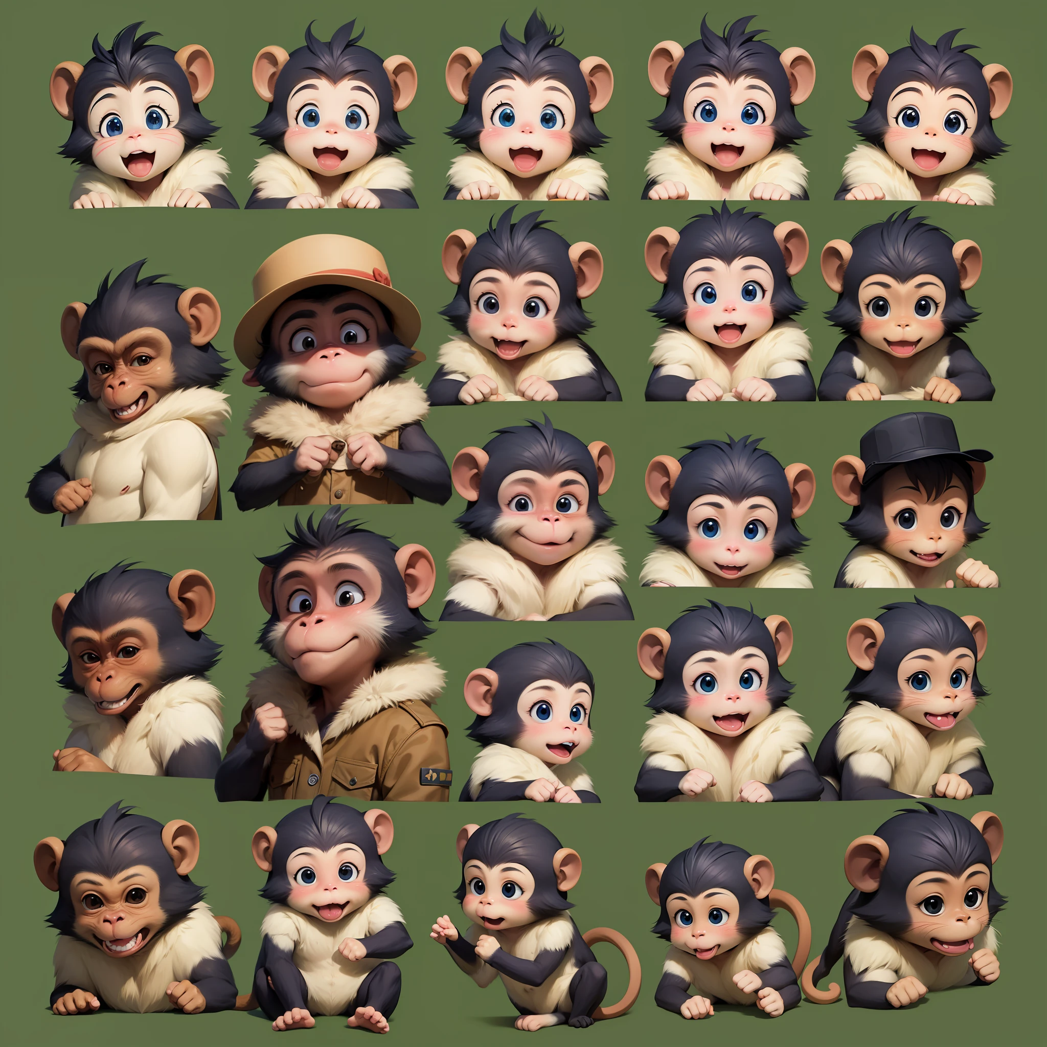 Monkey characters from cute picture books, various facial expressions, various poses, full-body images