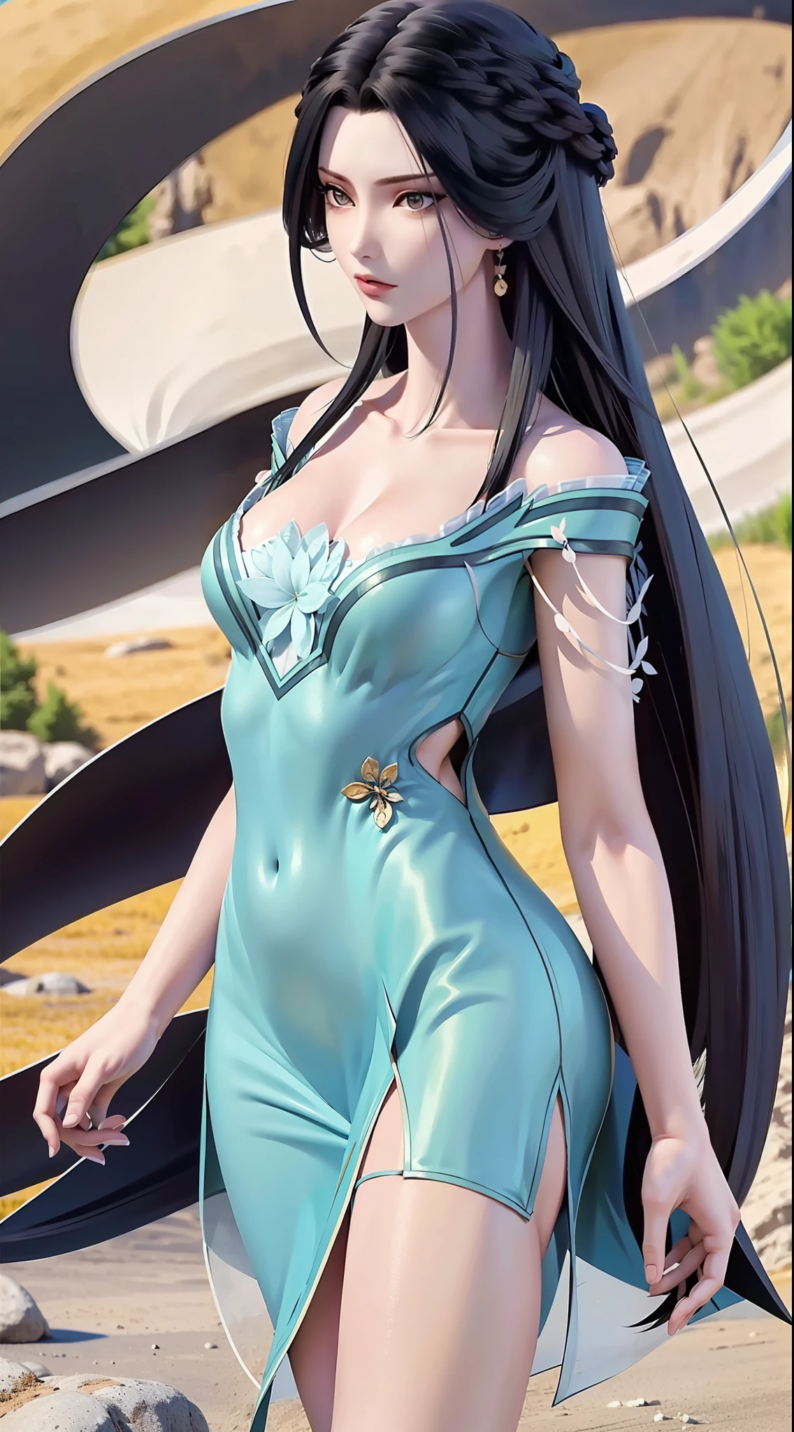 masterpiece,best quality,1girl, black hair, bare shoulders, long hair, dress,cowboy shot, dynamic pose, dynamic angle,
