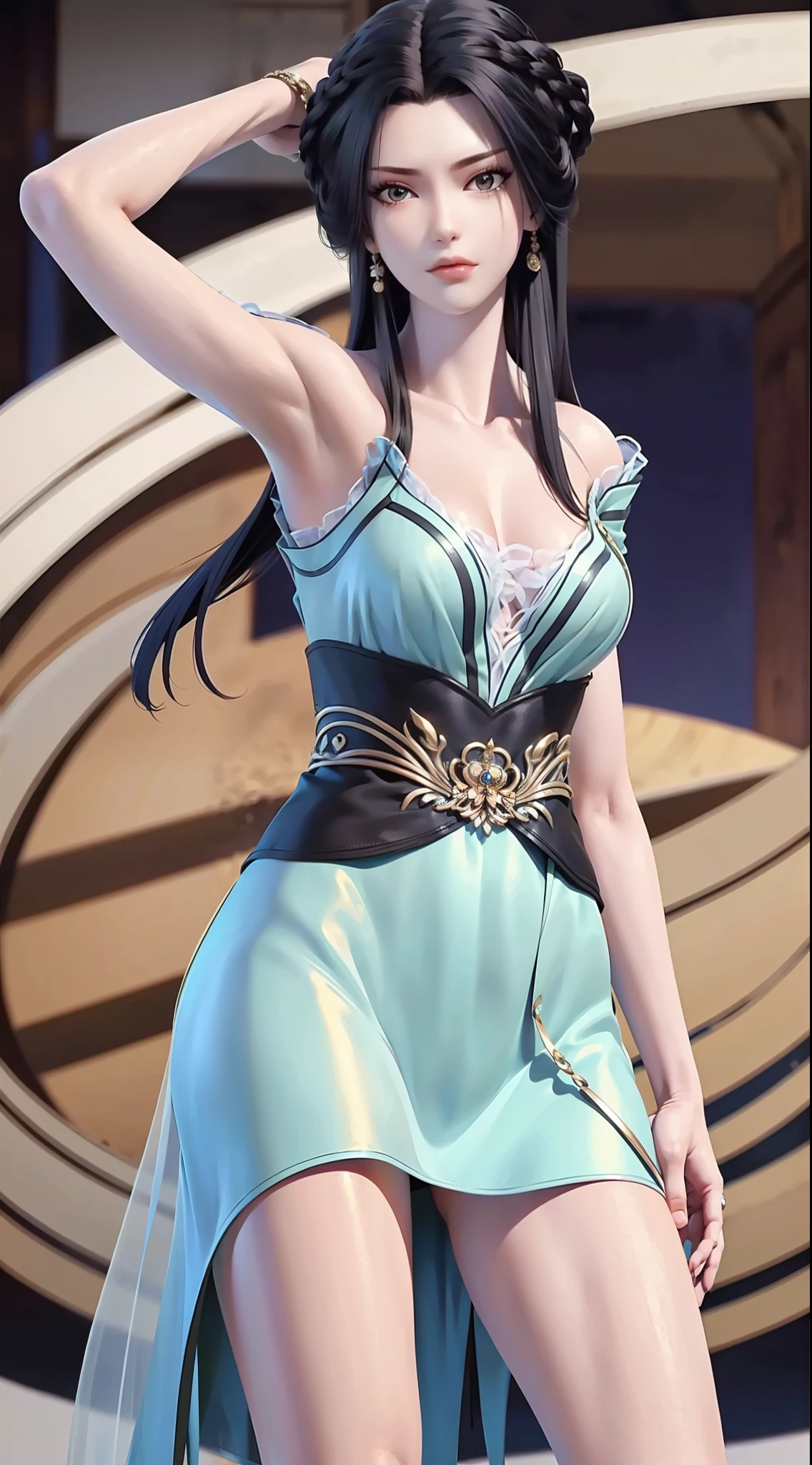 masterpiece,best quality,1girl, black hair, bare shoulders, long hair, dress,cowboy shot, dynamic pose, dynamic angle,