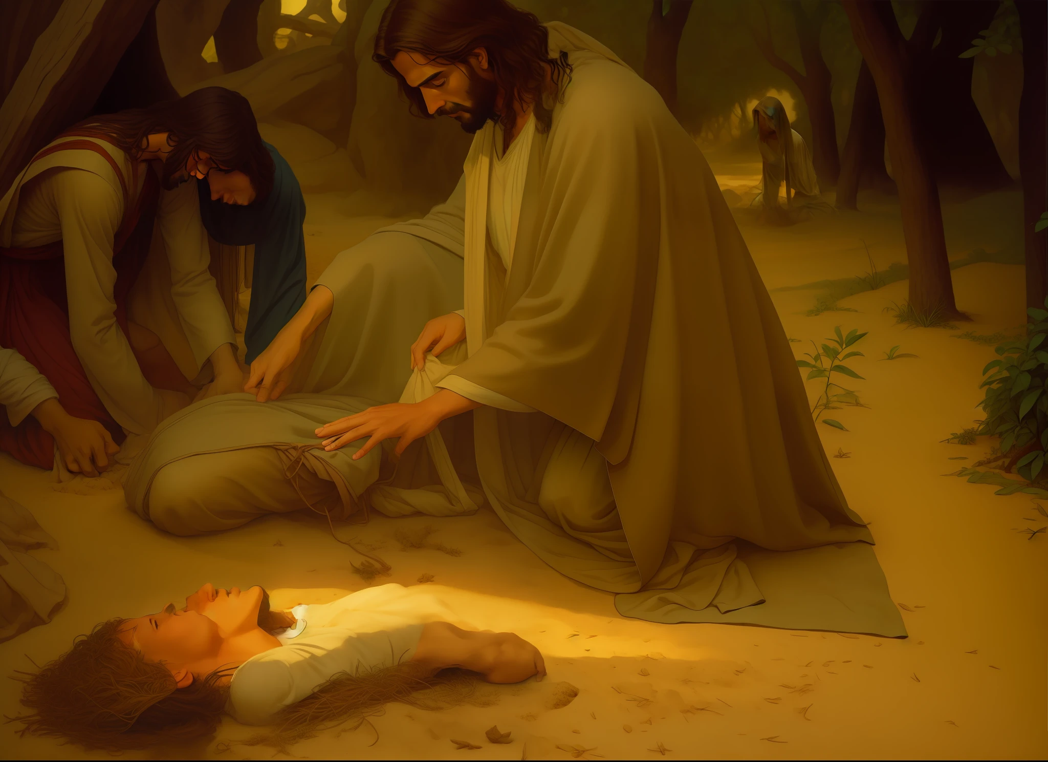 Jesus is kneeling before a man lying on the ground, his body buried in the sand, the most beautiful scene, his hands buried in his face, David Hamilton by Antonio Ciseri, Jesus of Nazareth, Jesus Christ, beautiful image already created, beautiful representation, scene of transformation, beautiful scene, spiritual scene, by Ted Nasmith, in the garden of Eden