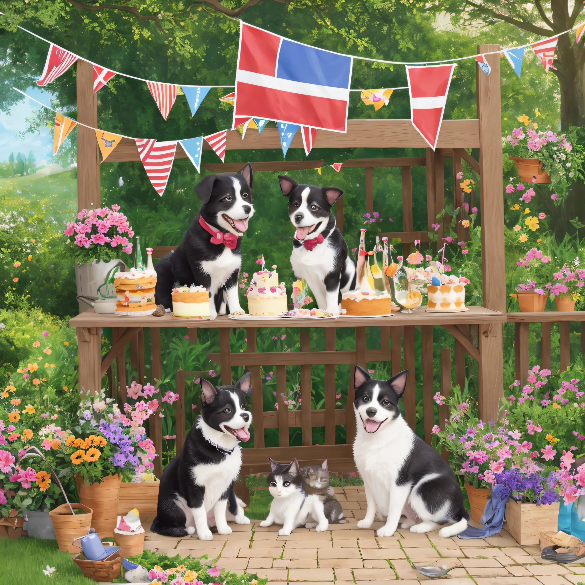 Garden party of puppies and cats of various breeds, flags and cake, soft drinks, all happy and smiling, Disney style, 8k --auto --s2