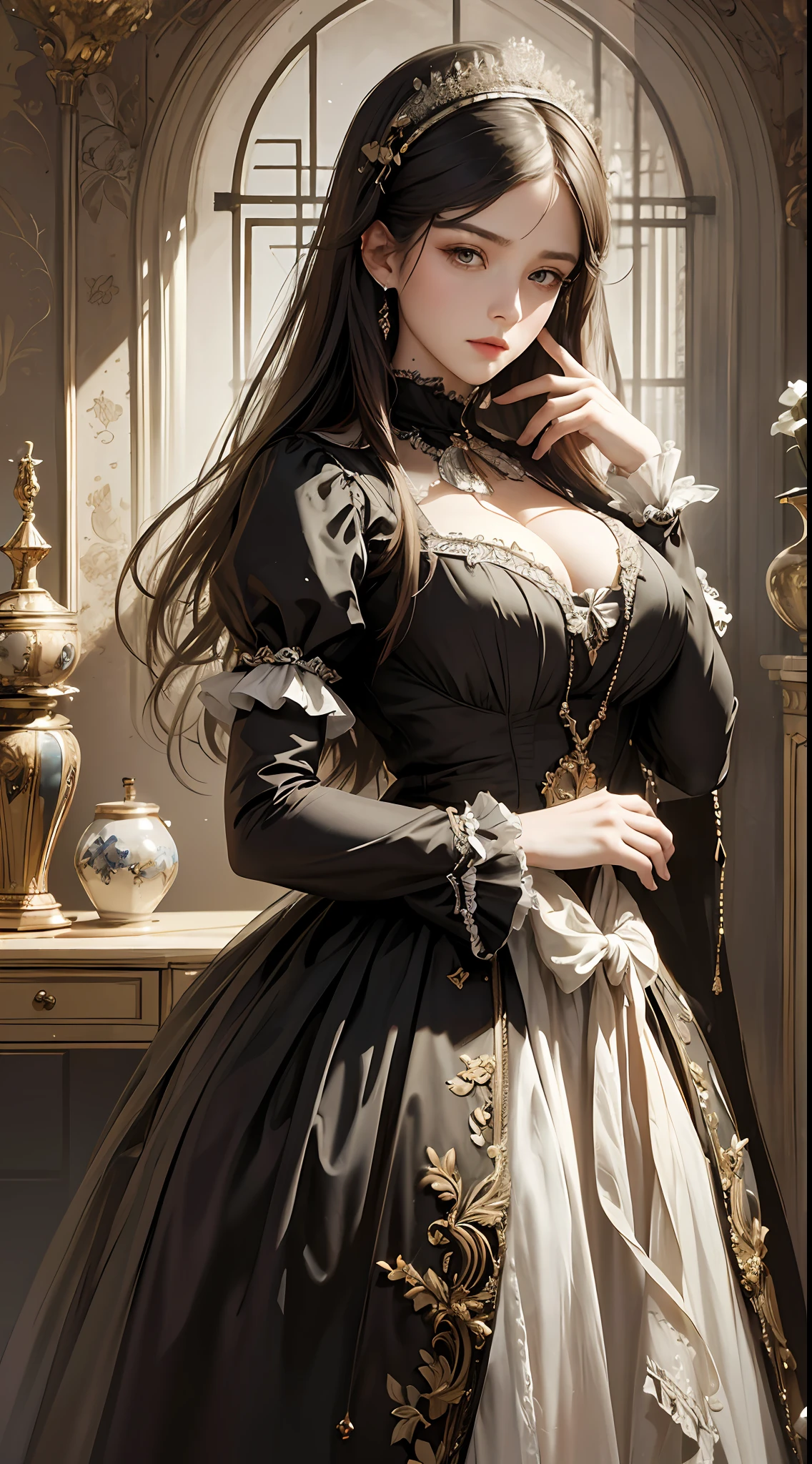 (Pure Color: 0.9), (Color: 1.1), (Masterpiece: 1,2), Best Quality, Masterpiece, High Resolution, Original, Highly Detailed Wallpaper, Beauty, Victorian, Dress, Melancholy, Big Breasts, Sepia Color, 30 years old --auto --s2