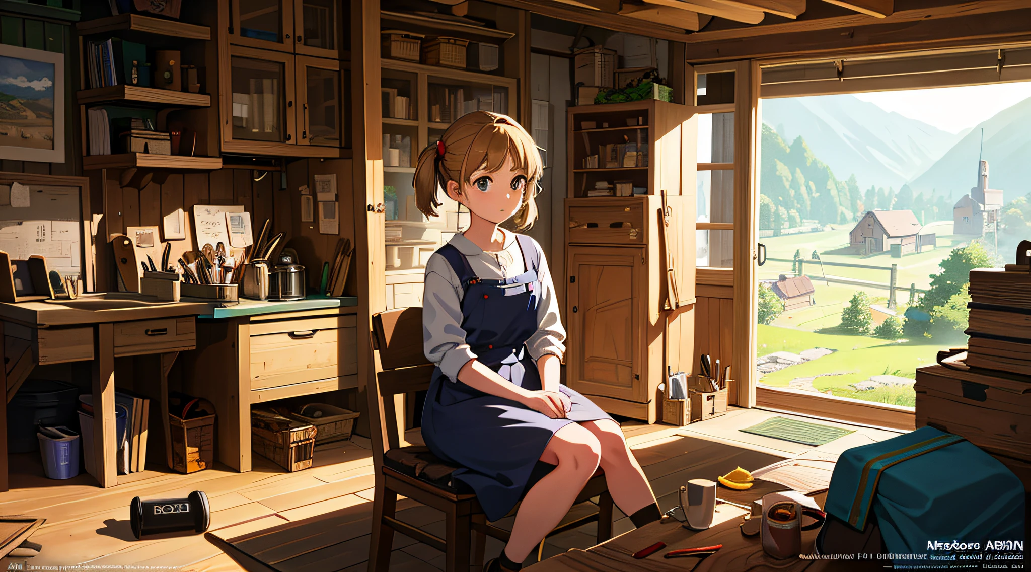 Masterpiece, masterpiece, top quality, official art, studio animation, aesthetic, detailed, animation, busy scene of small machine town surrounded by small machines and tools, girl sitting in a room, repairing something, concentrating on inventing something with curiosity, face invisible, invention, detail, ultra high quality, 4K, 8K, 16K, Ghibli style.