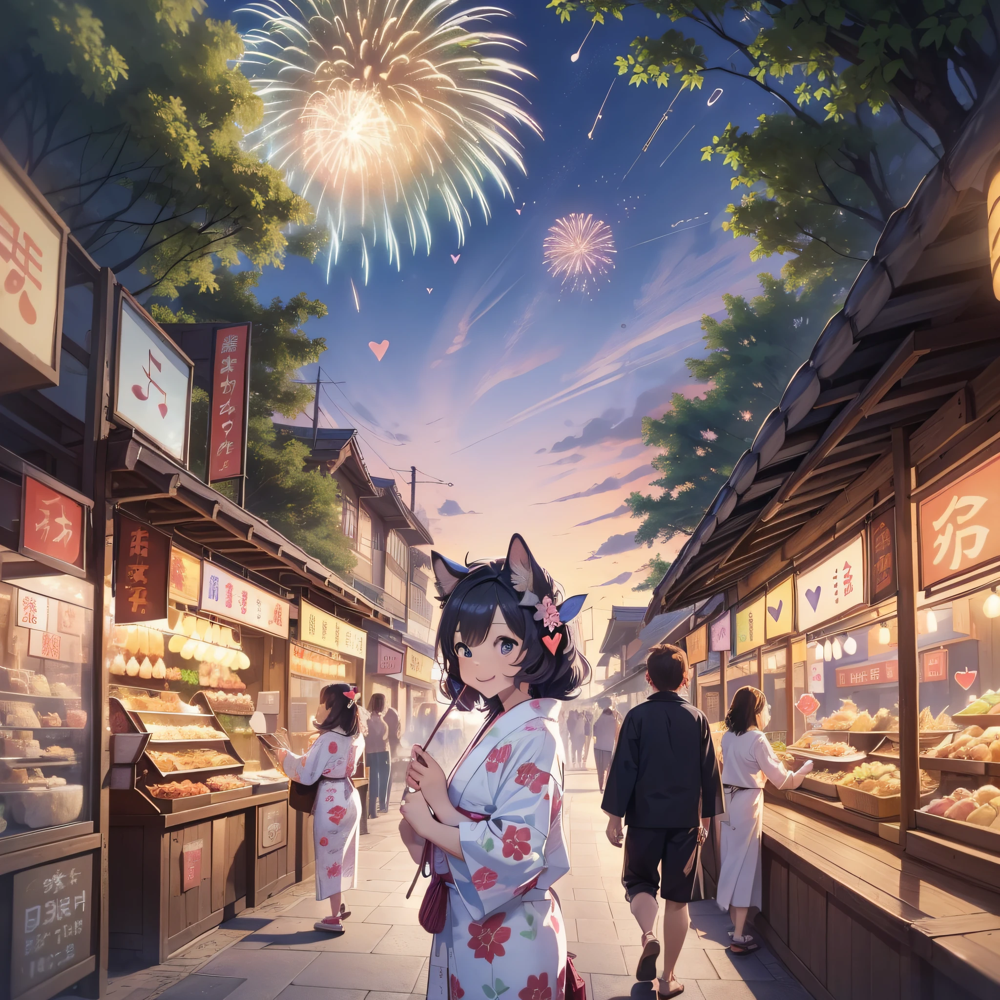 (Summer Festival: 1.3 + Festival: 1.2 + Forest Festival: 0.9), Forest Animals, (Anthropomorphic Animals), (Cute Animals), (Everyone Smiling), (Fireworks, Comedy, Food Food), Shaved Ice, (Swimsuit, Yukata), (Dreamland), (Beautiful Sky),(Gentle Wind),(More Greenery),(Less People: 0.8),(Direction: "+ Heart Stamp +":1.3+Music:1.1+Hanamaki:1.3)