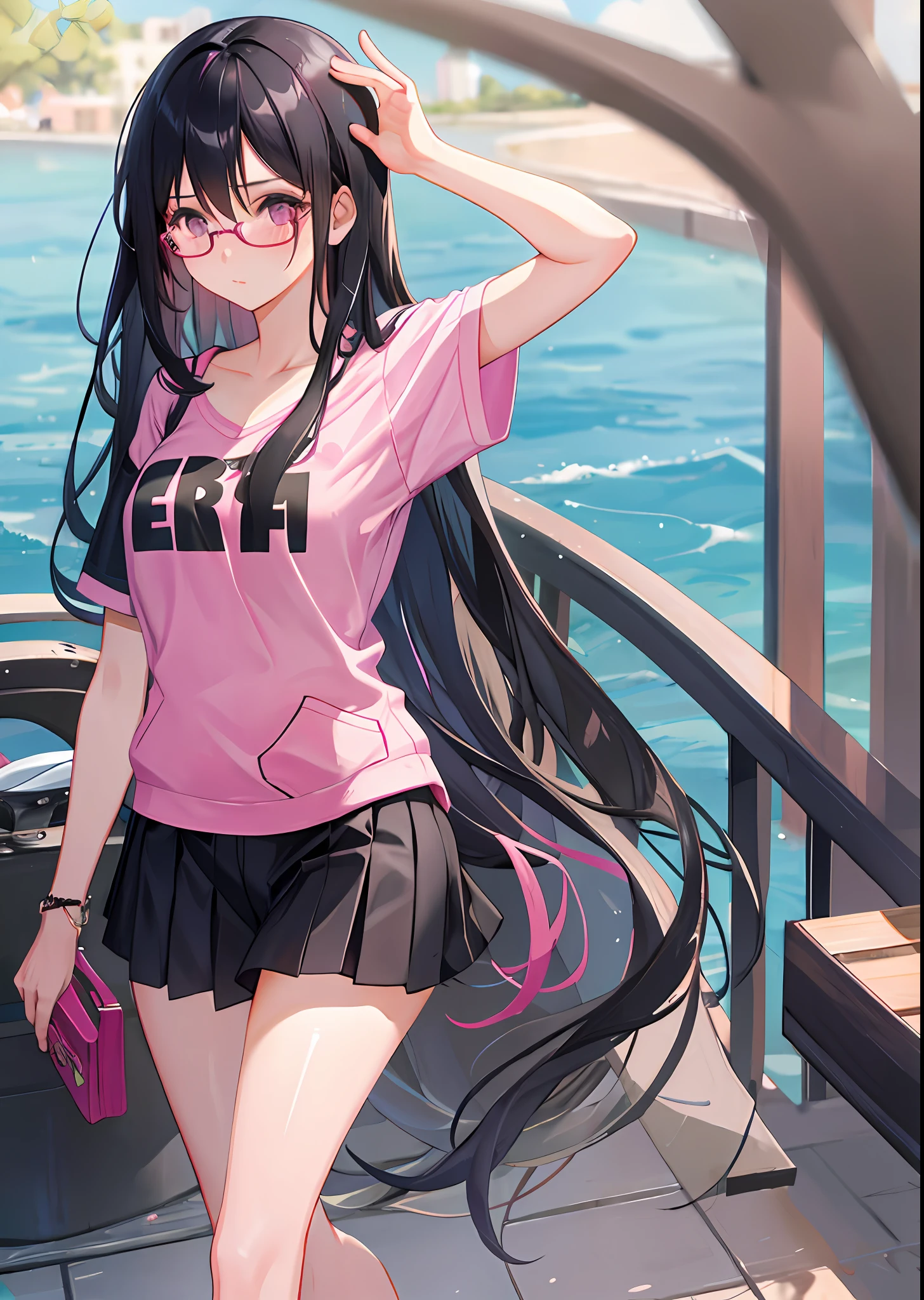 A girl with long black hair and glasses, wearing only pink underwear and pink panties