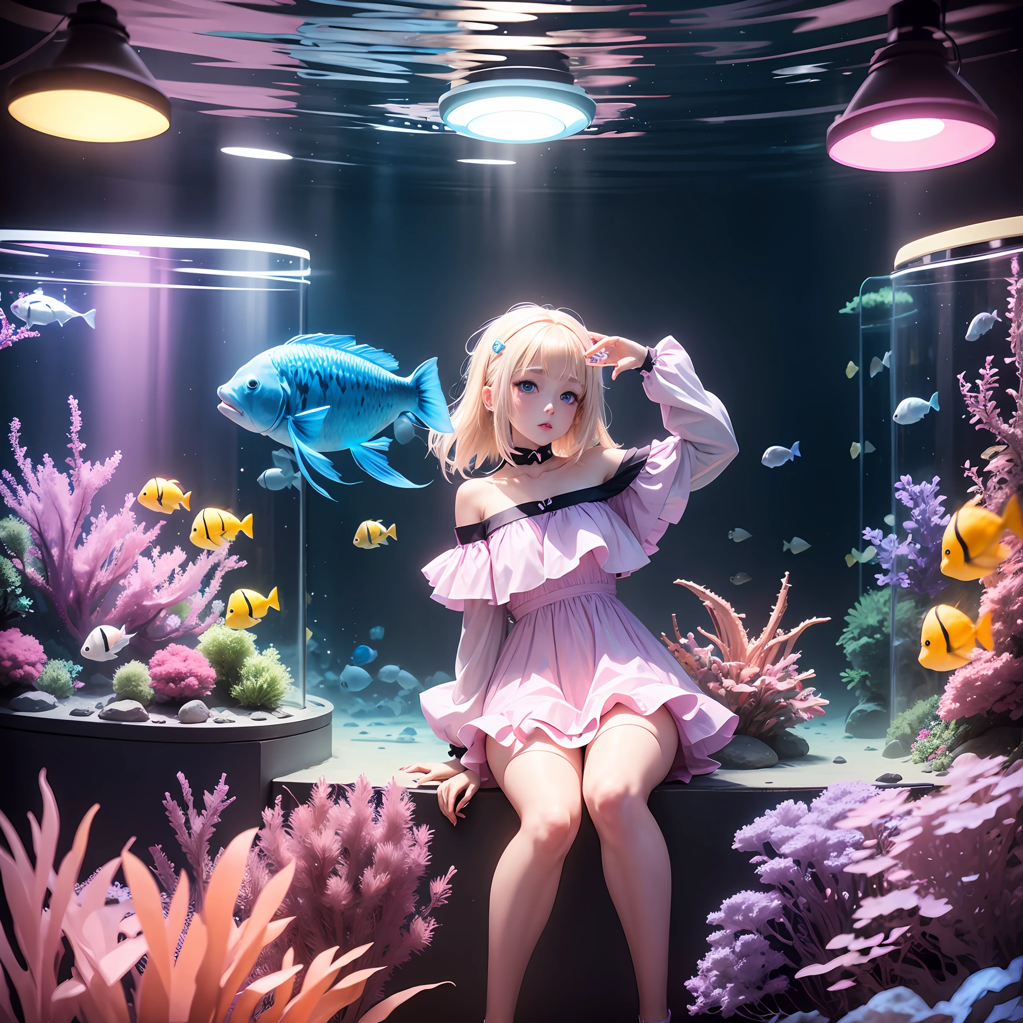 Light blonde haired 3d anime girl with pale blue purple eyes wearing a pink short dress off shoulder and white knee length booths surrounded by dark aquarium glowing fish tanks with different colorful fish --auto --s2