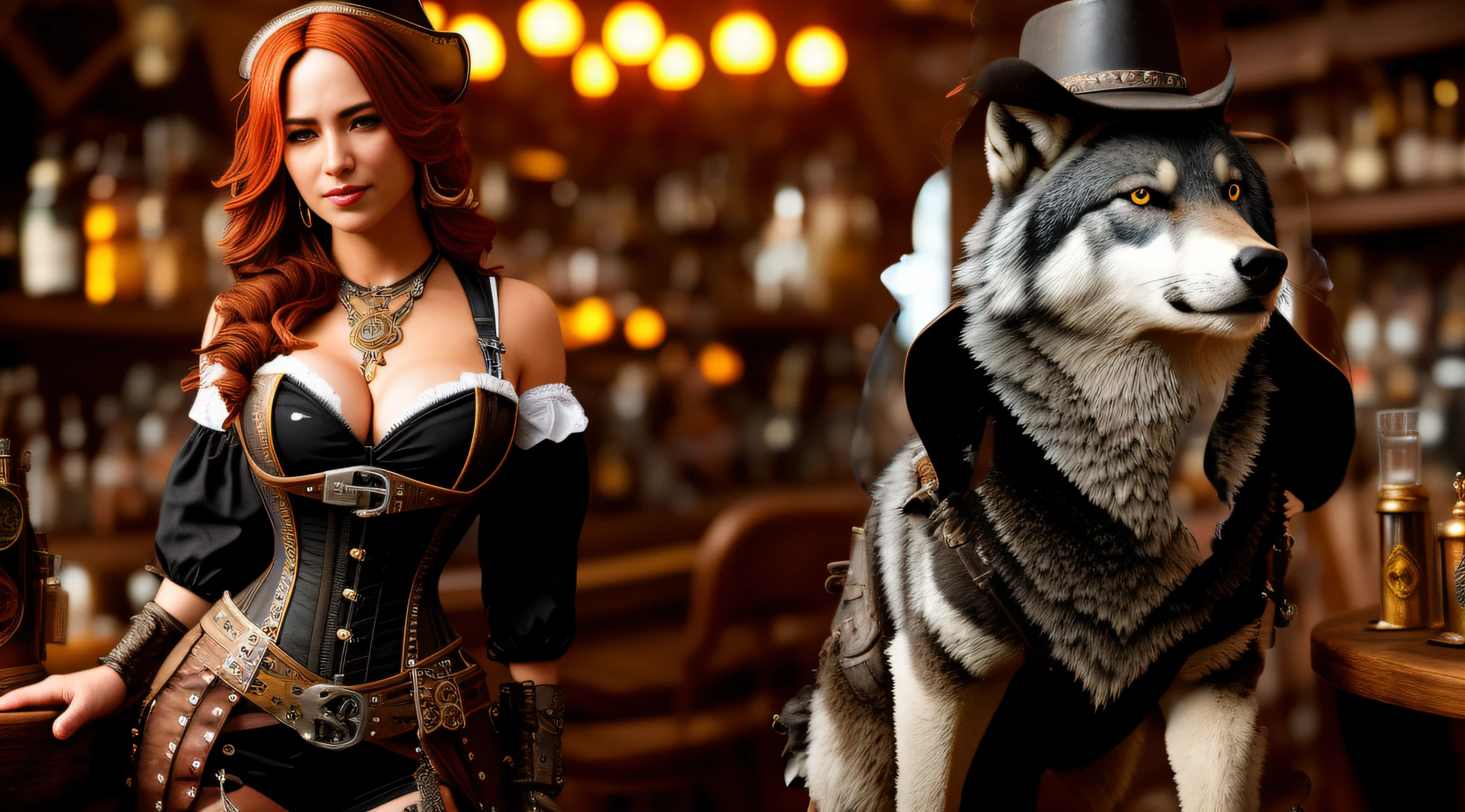 A wolf in a wild west hall, (game concept: 1.3), (depth of field: 1.3), global lighting, backlight, bloom, ((warm light)) , sharp focus, realistic photo, blurred background, cinematic composition, ultra-detailed, realistic, hyper-realistic, volumetric lighting, 8k, cinematic composition, trends in artstation