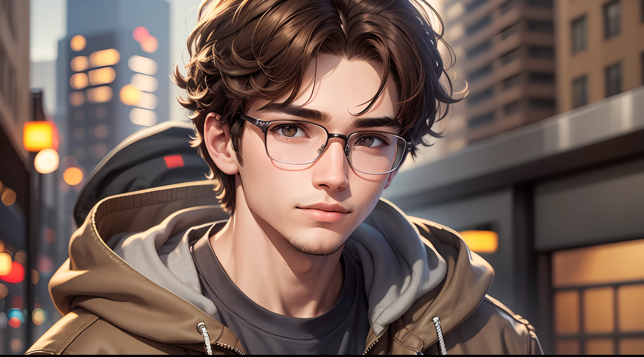 Original and unique authentic character,A young man with medium weight,with brown hair,short and wavy,he has brown eyes. He wears a jacket, hooded sweaters, is 20 years old and wears glasses. --auto --s2