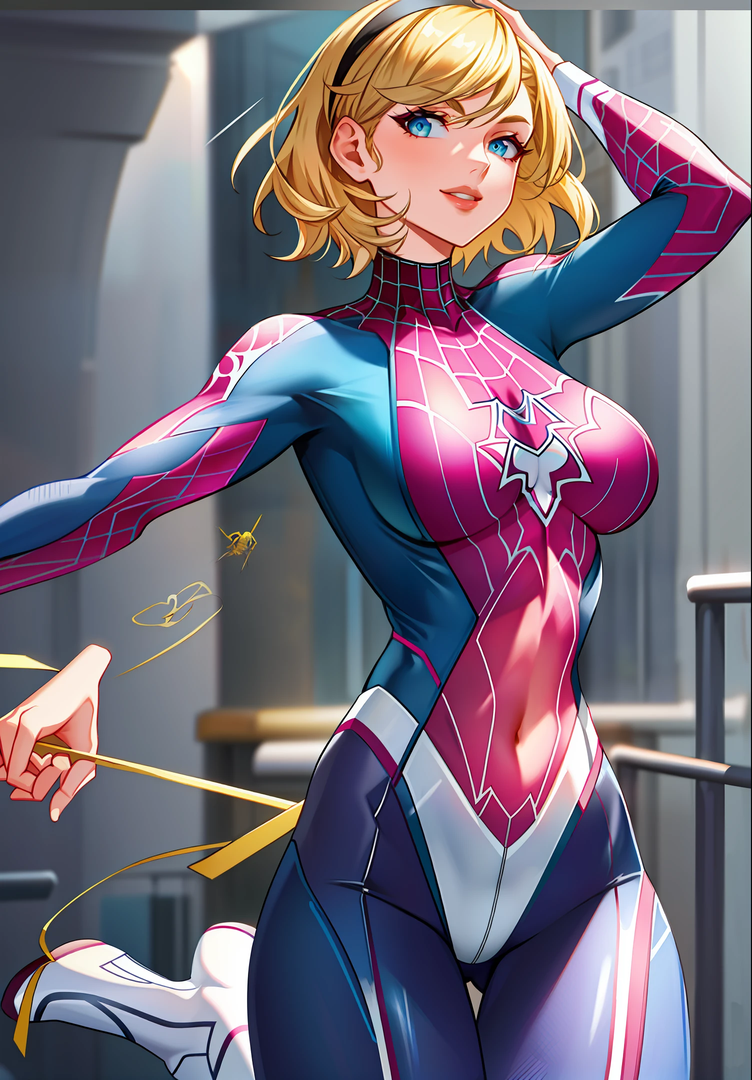 neoartcore, 1girl, gwen tennysson, spider-gwen, portrait, upper body, against the wall, ballet slippers, black hair band, blonde hair, blue eyes, blurry, blurred background, bodysuit, breasts, city, sit-ups covered, collarbone covered, navel covered, day, eyebrows hidden by hair, green shoes, hair band, impossible bodysuit, impossible clothes, large breasts, (lips), looking at the viewer, medium hair, outdoor, split lips, bright clothes, silk, tight skin, smile, solo, spider web, spider web print, superhero, bodysuit taut, tense clothes, toned, ((masterpiece))