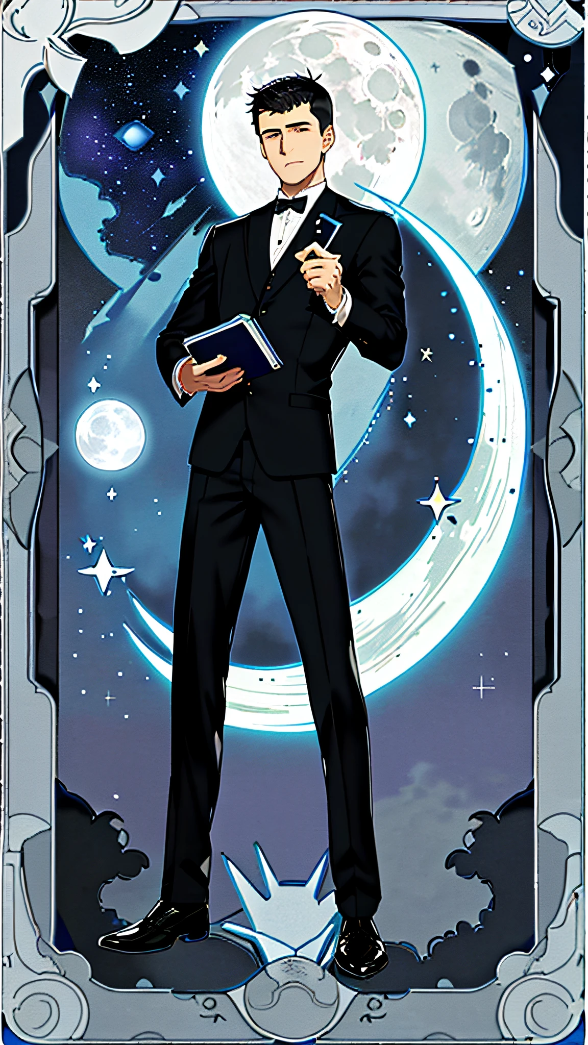 masterpiece, best quality, full body, card, 1 man, the moon, calm, clever, short hair, black hair, brush cut, standing, blue, night sky, purple, book, pen, buzz cut, black suit, royal, gentle, man, full moon, center, best pose
