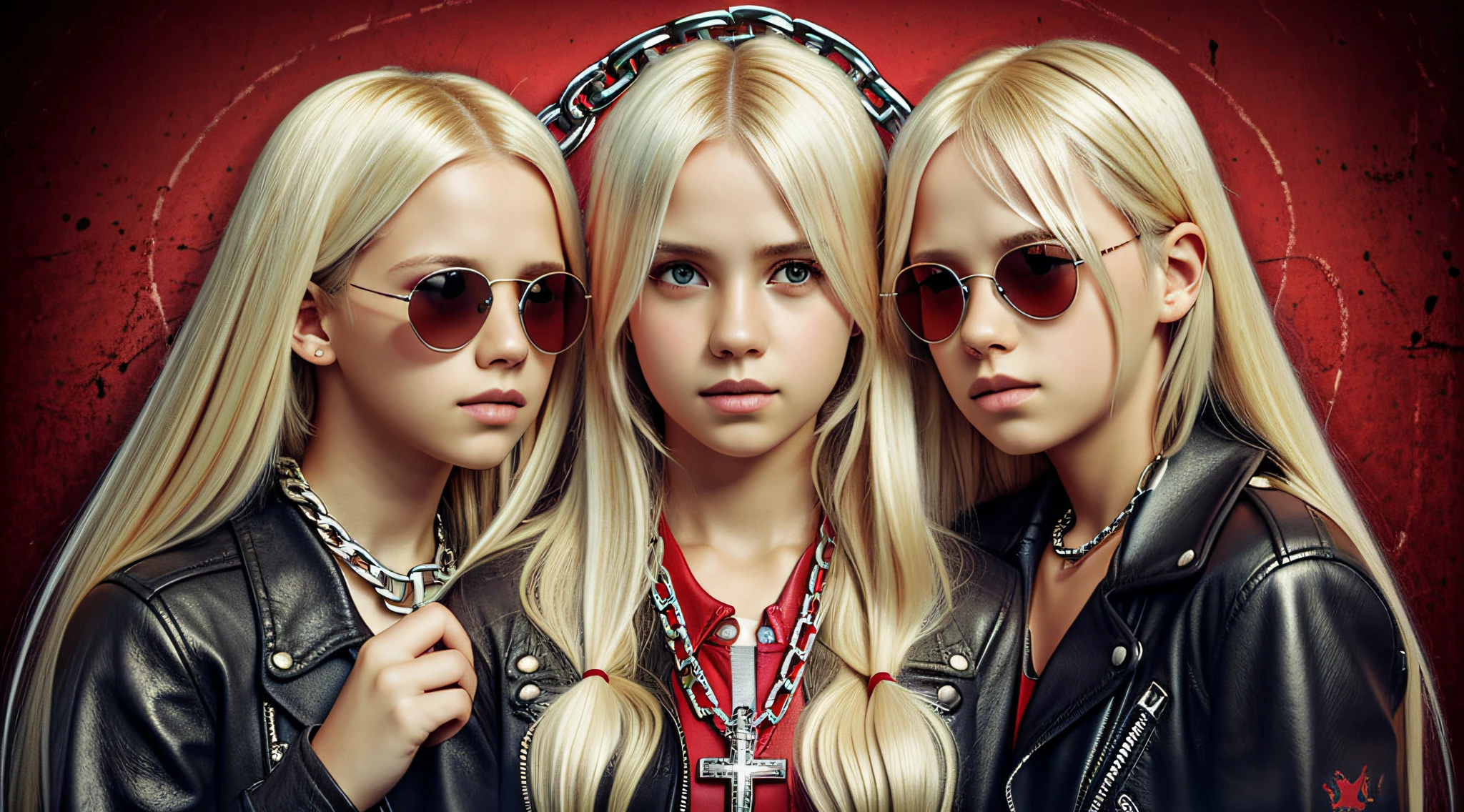 A half body, portrait of 3 girls German children long platinum blonde hair of 12 years, red leather jackets, sunglasses, holding in their hands a cross, background of chains, chain, more chains, many chains, , red, red fire, many background flames.