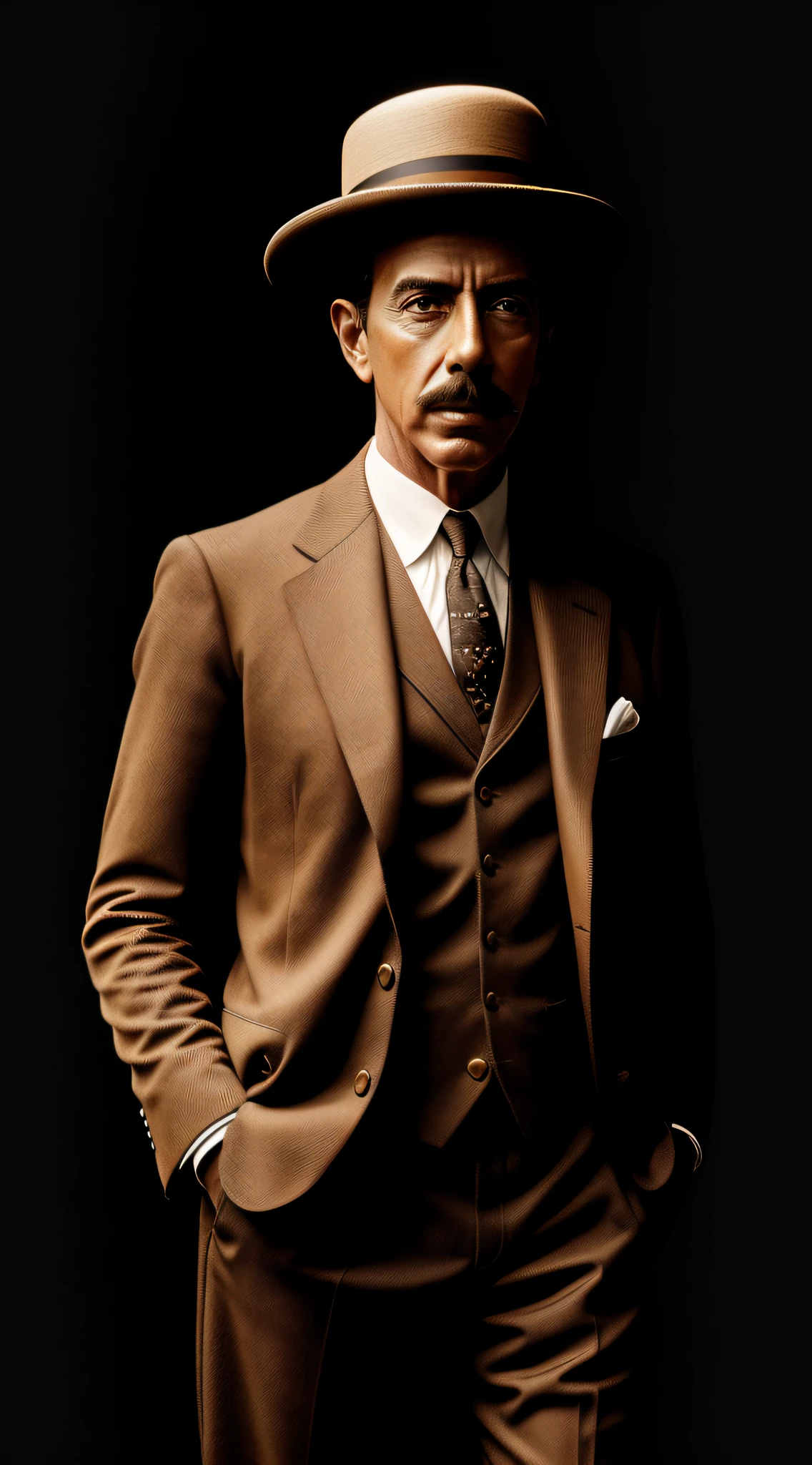 Ultra-realistic image of Santos Dumont wearing Panama style hat, era of 1900, wearing light brown suit of the time, in a totally black environment, detailed face,