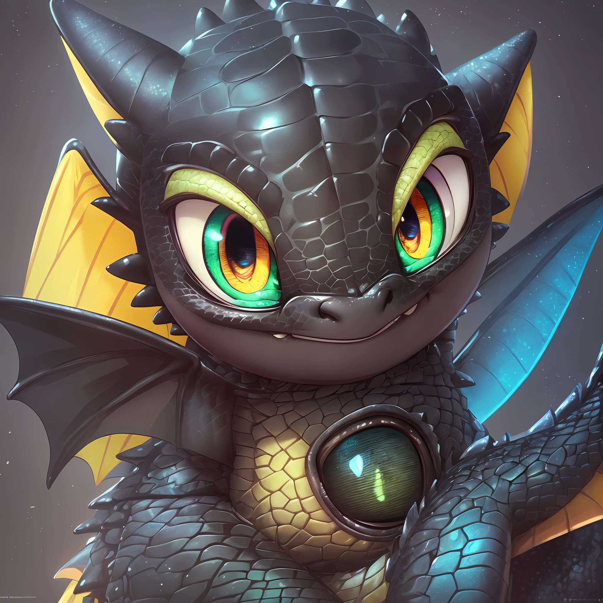 1dragon (Toothless from How to Tame a Dragon ), small, cute, gorgeous, cutest, yellow, scales, big eyes, bright eyes, long lashes, high eye detail and clarity, (funny face:1.3), focus on face, (octane rendering:1.3), udr, uhd, sharp focus, (Pixar-style:1.4) --auto --s2