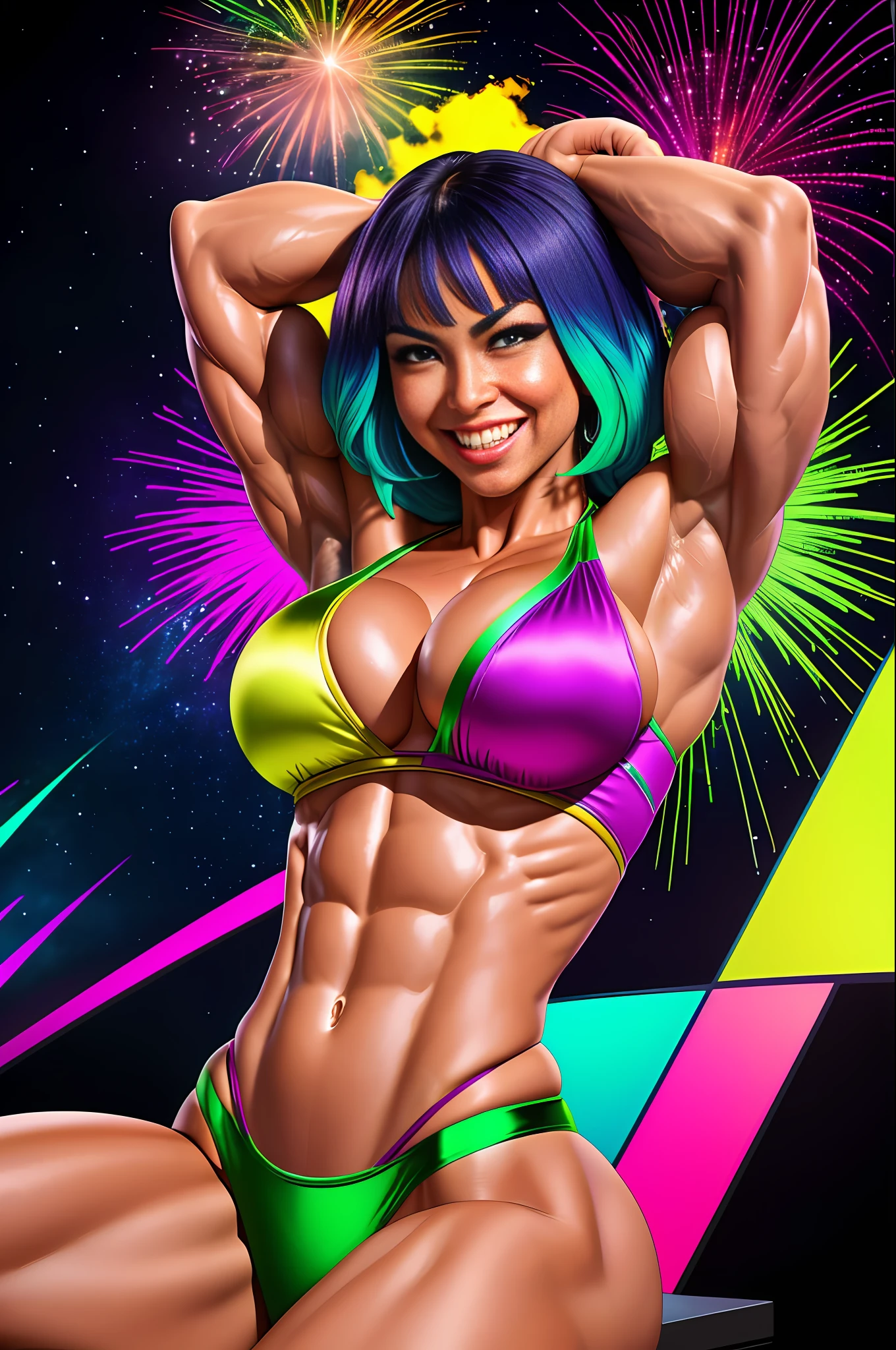 photo of (Chloe Grace|Miranda Kerr:0.7) sexy young woman, (hypermuscle, huge muscles, flexing, stretching, armpits, veins, vascular, muscular, pumped up, big biceps, triceps, abs, six packs, quads, strong, powerful, female domination, female power:2), realistic, masterpiece, highres,
toned body, (((Extra Muscles))), rainbow hair, vampire teeth
wearing bikini, wearing vinyl toxic green top, cleavage, shining satin crop top,
curvy body, toned body
posing near a dark background  

[(colorful explosion psychedelic toxic neon paint colors:1.2)::0.20],

BREAK,

(closeup:0.8), (extreme closeup:0.8), portrait shot, 
looking at viewer, gleeful smug smile or mad, navel out, 
hyper realistic lifelike texture, 
best quality, ultra high res, photo realistic, (elite:0.1), (underwater:0.2), (nasty:0.9),