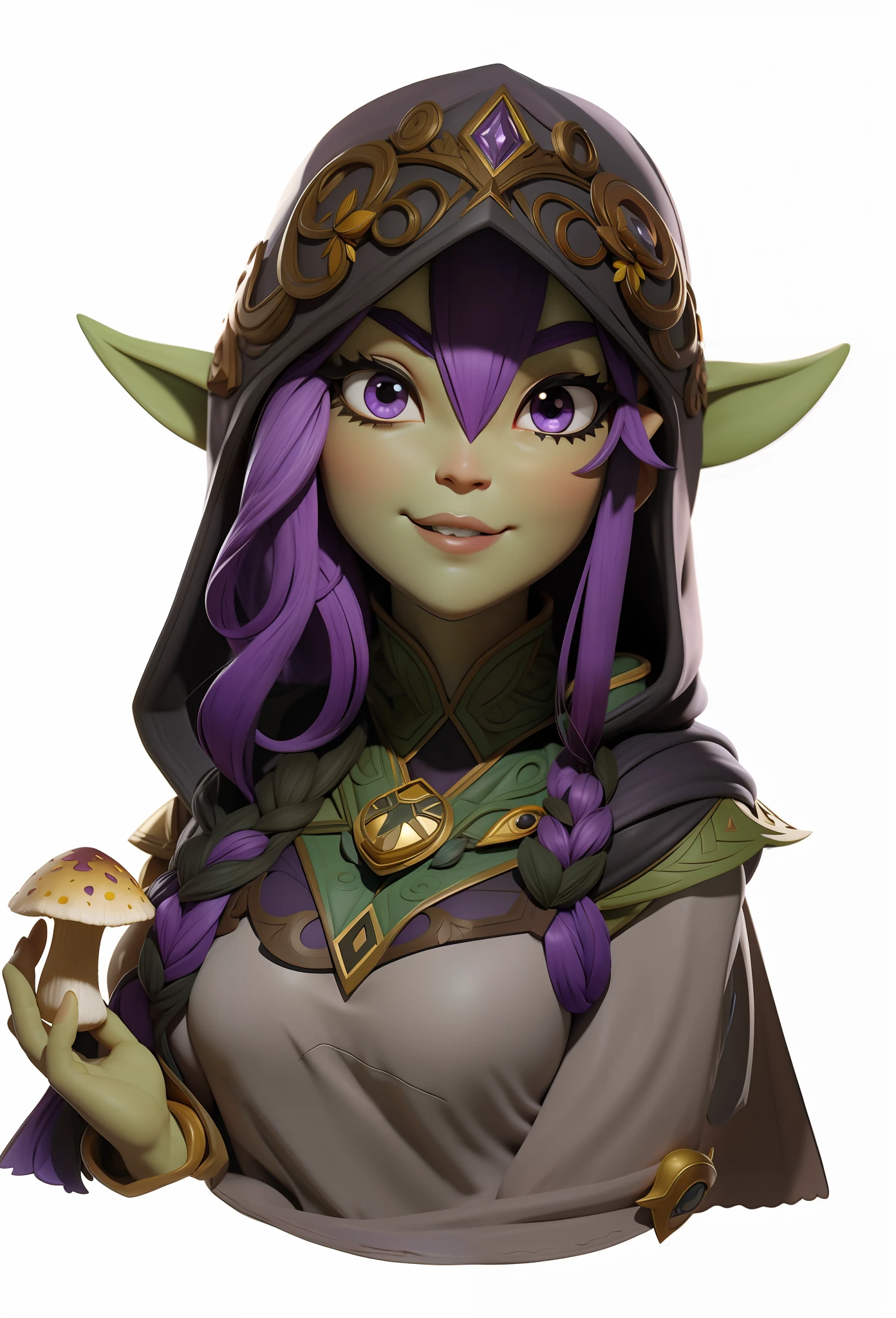 An elf-woman, straight dark purple hair, black eye, large breasts, wearing a hood on her head, holding a yellow mushroom, intricate details.