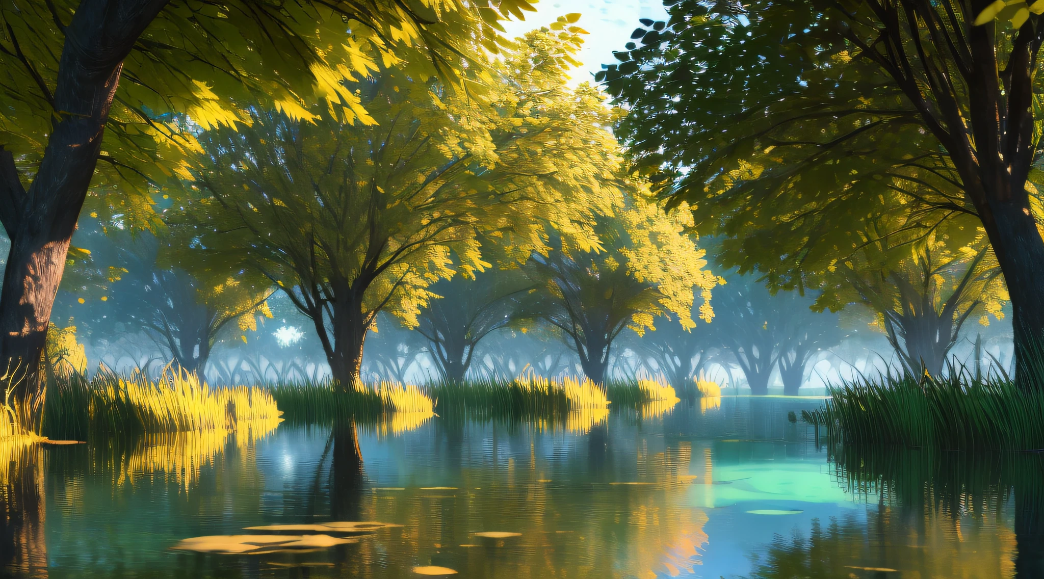 (Best quality),(masterpiece),(ultra detailed),(high detailed),(extremely detailed),black gold neon-washed trees, humid lot, pale leaves and grass, water surface, cinematic shot, unreal engine render, ray-traced shadows, rule of thirds, atmospheric, line art, hyper-detailed, intricate details, 8k