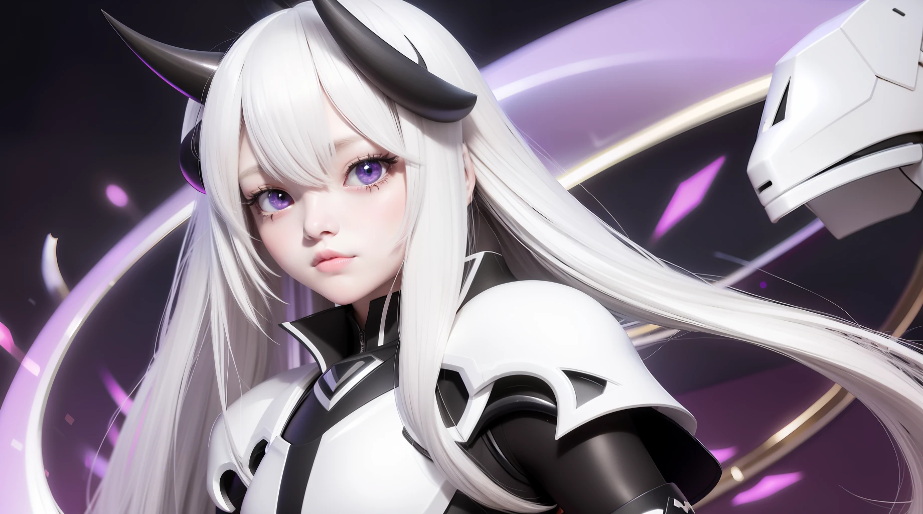 Anime style, girl, white coto hair, with horns, black armor, black sclerotics, violet pupils