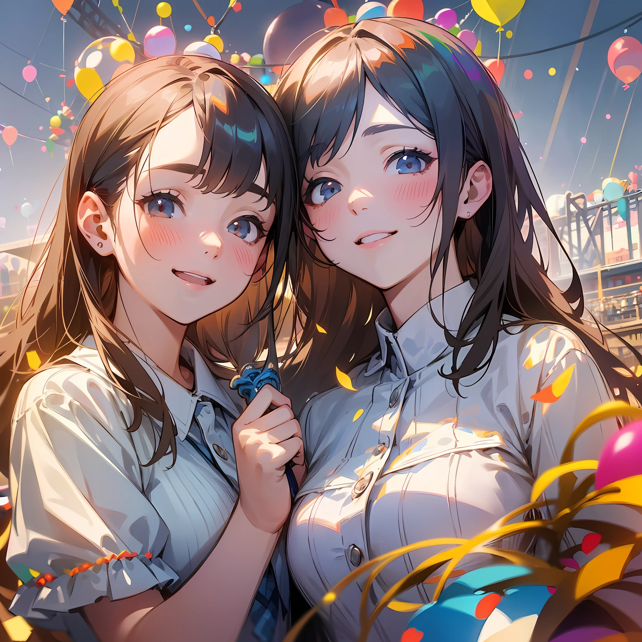 Two girls, amusement park, holding balloons, happy, happy, perfect quality, clear focus (clutter - home: 0.8), (masterpiece: 1.2) (Realistic: 1.2) (Bokeh) (Best quality) (Detailed skin: 1.3) (Intricate details) (8K) (Detail eyes) (Sharp focus), (Happy) --auto --s2