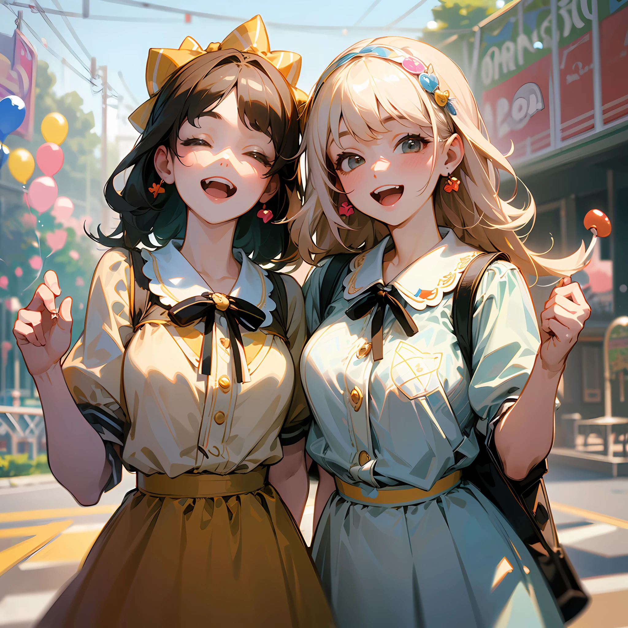 Two girls, amusement park, holding balloons, happy, happy, perfect quality, clear focus (clutter - home: 0.8), (masterpiece: 1.2) (Realistic: 1.2) (Bokeh) (Best quality) (Detailed skin: 1.3) (Intricate details) (8K) (Detail eyes) (Sharp focus), (Happy) --auto --s2