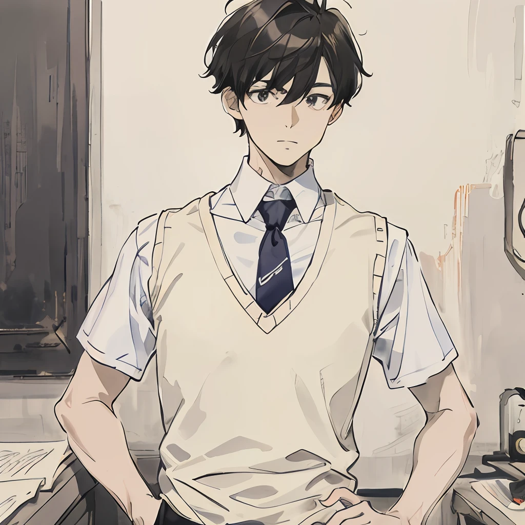 masterpiece, best quality, 1boy, solo, collar shirt, white shirt, sweater vest, tie, short sleeves, half body, looking at the viewer