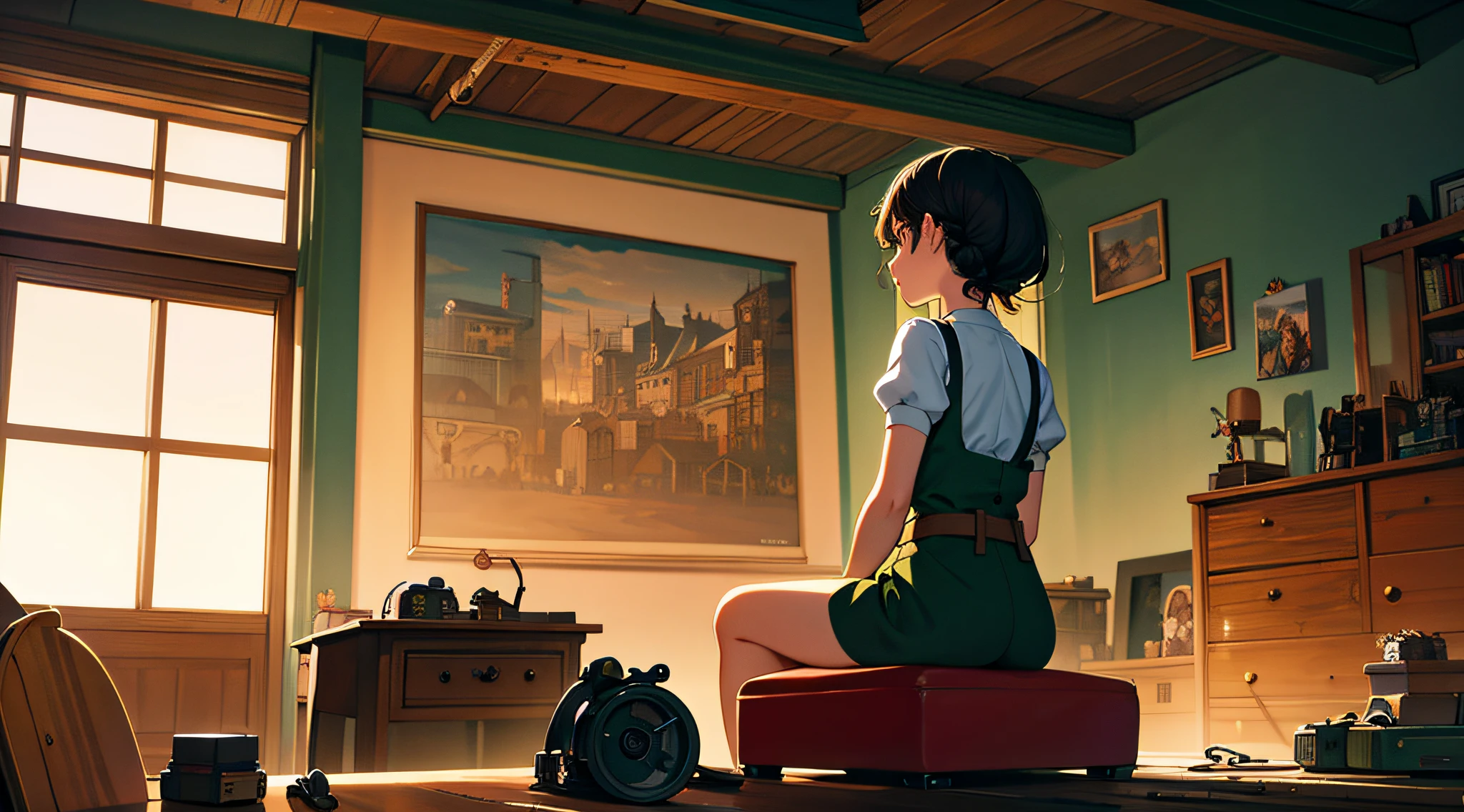 Best masterpiece, masterpiece, top quality, official art, aesthetic, detailed, studio animation, busy scene of small machine town surrounded by small machines and tools, girl sitting in room, repairing something, concentrating on inventing something with curiosity, back view, invention, detail, super high quality, 4K, 8K, 16K, Ghibli style.