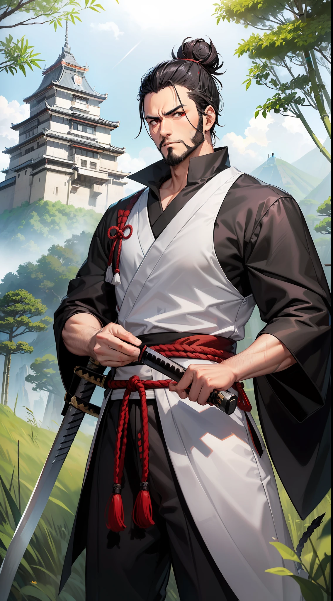 A man of 30, black hair (samurai bun) red eyes, square chin and thin beard, his clothes are gray and white, he is quite playful (his decisions are not that of a guy cerian!), carries a katana with sigo.anime character (senary of a bamboo forest with a castle in the background)