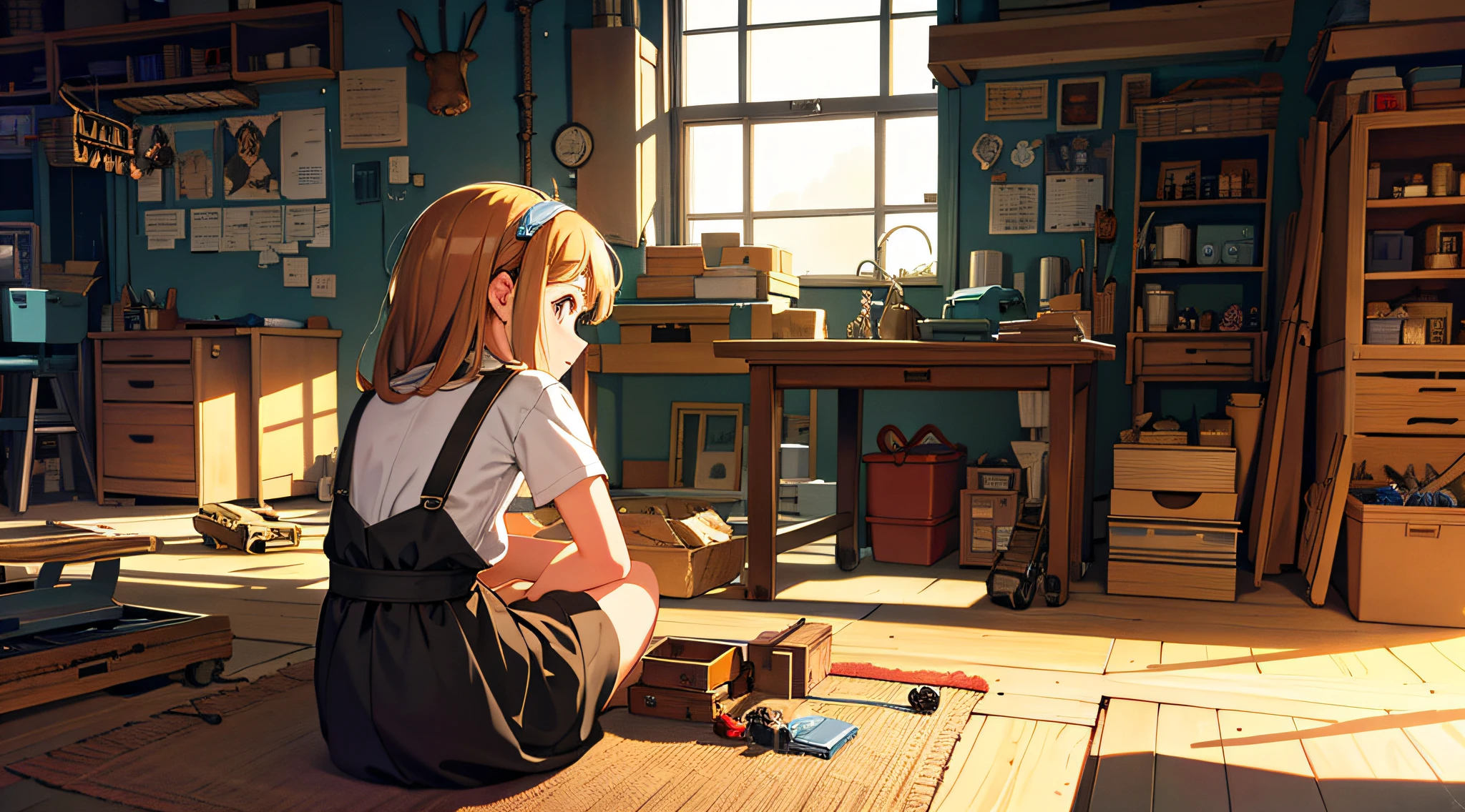 Best masterpiece, masterpiece, top quality, official art, aesthetic, detailed, studio animation, busy scene of small machine town surrounded by small machines and tools, girl sitting in room, repairing something, concentrating on inventing something with curiosity, back view, invention, detail, super high quality, 4K, 8K, 16K, Ghibli style.