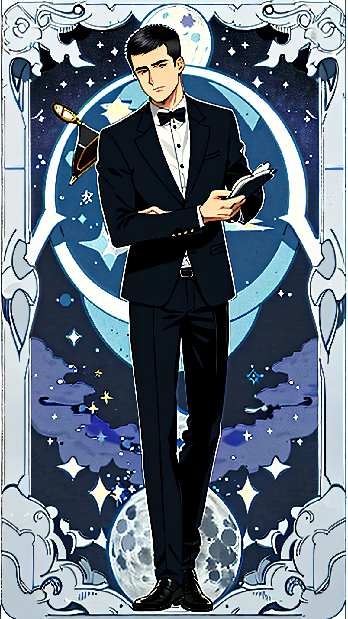 masterpiece, best quality, full body, card, 1 man, the moon, calm, clever, short hair, black hair, brush cut, standing, blue, night sky, purple, book, pen, buzz cut, black suit, royal, gentle, man, full moon, center, best pose