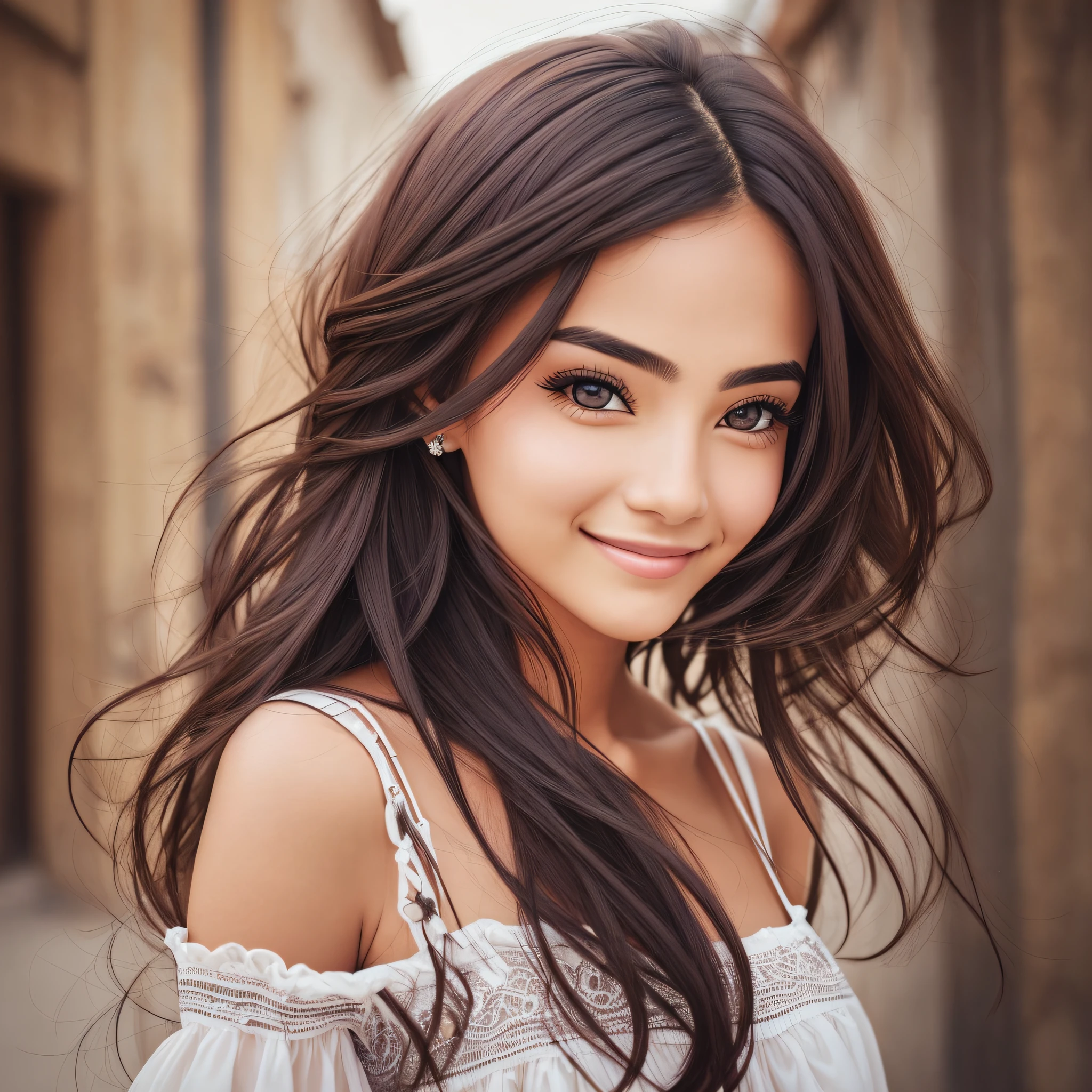 Beautiful woman with aazuz eyes hair on shoulder smiling --auto --s2