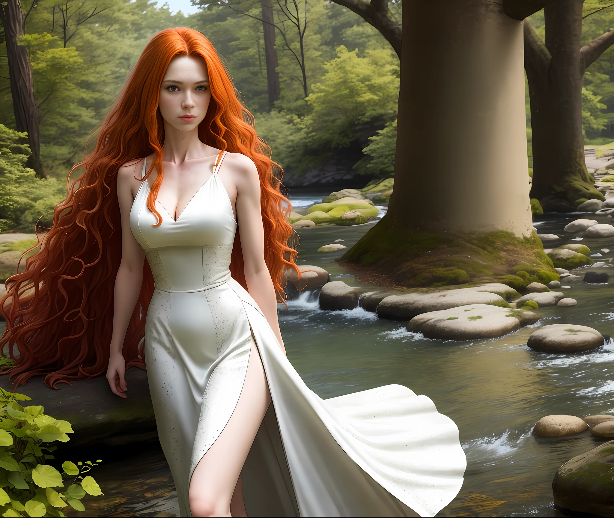 A caucasian Woman, long wavy auburn hair, light freckling, petite, slim build, DD cup breasts, 5'4" in height, 120 lbs in weight, modelling a long flowy dress, photorealistic