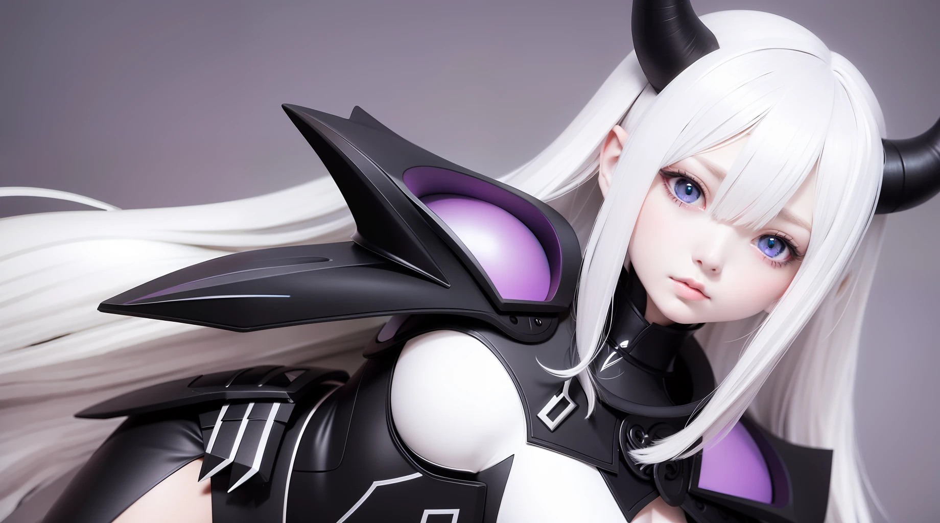 Anime style, girl, white coto hair, with horns, black armor, black sclerotics, violet pupils
