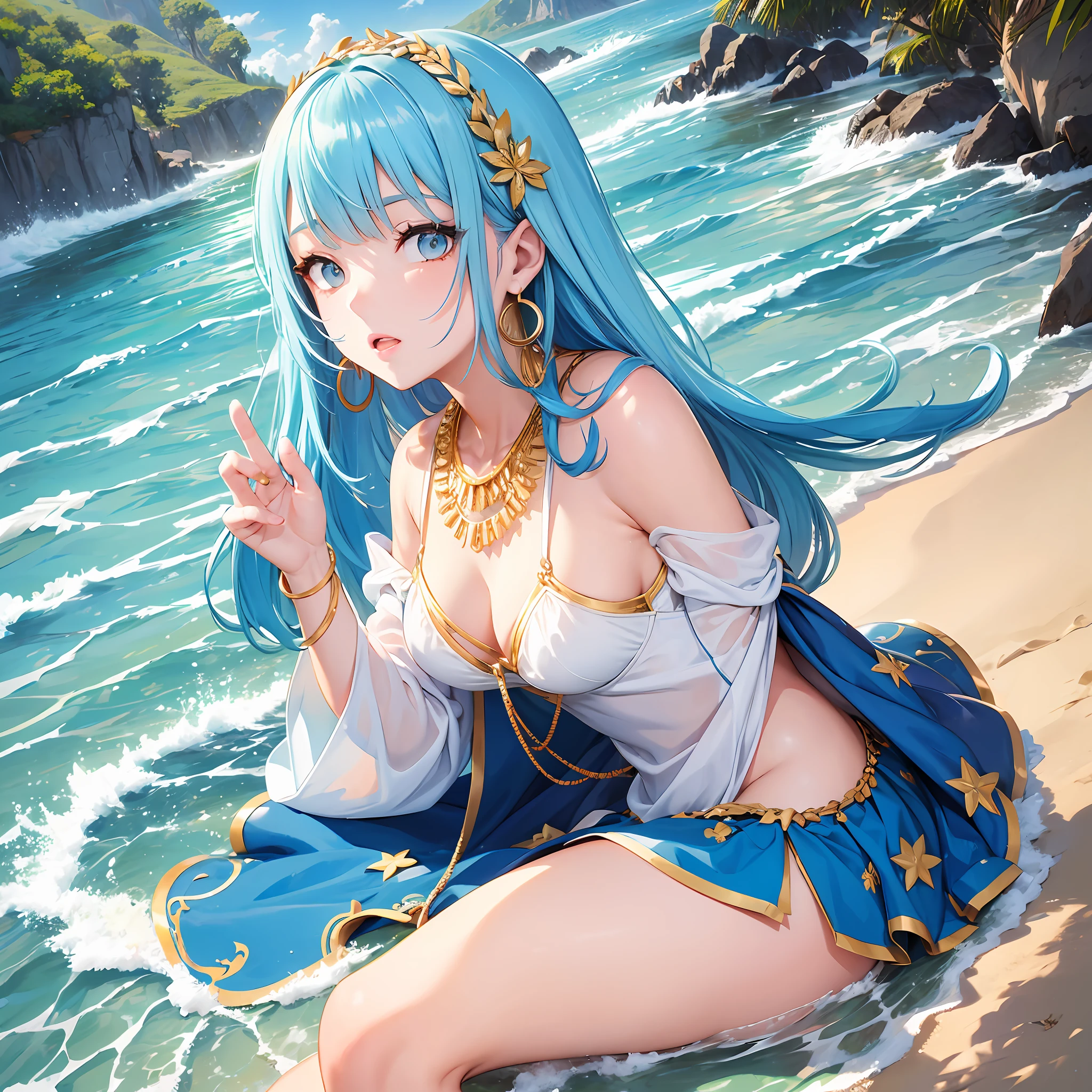 (Woman) young, anime, (full body) wide hips, small breasts, and big ass, (short Greek torn dress) white coloration and gold embroidery at the edges, (straight blue hair with bangs and long), (earrings), (necklaces), (landscape) beach, clear sky with a beautiful sun, (body position) sitting on top of the sand with her beautiful hands leaning against the waters, (beautiful face). --auto --s2