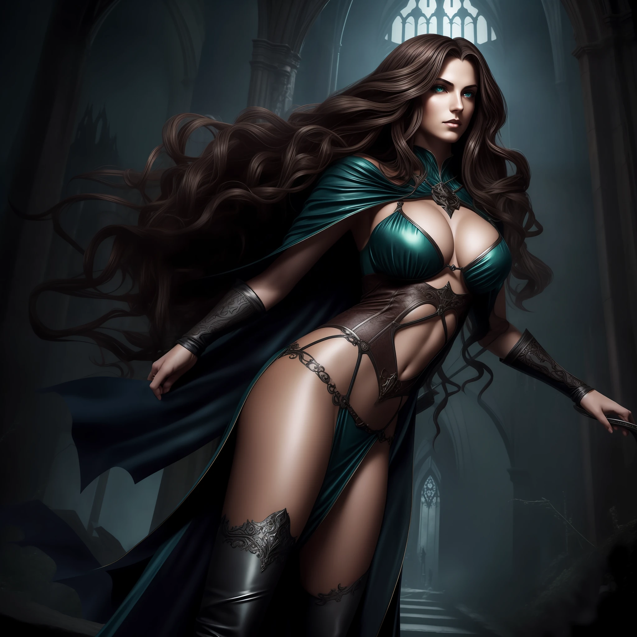 Me in a gothic setting of Castlevania, long brown curly hair, elongated and well-defined face with features of a tall woman with Italian ancestry, wearing blue bikini and metallic silver, green eyes, wide hips, intricate details. The background is dark and Gothic, adding to the mysterious atmosphere. This art is on the rise at ArtStation, capturing the essence of the iconic Symphony of the Night game. The illustration is soft, with sharp focus, showing the beauty and fascination of me