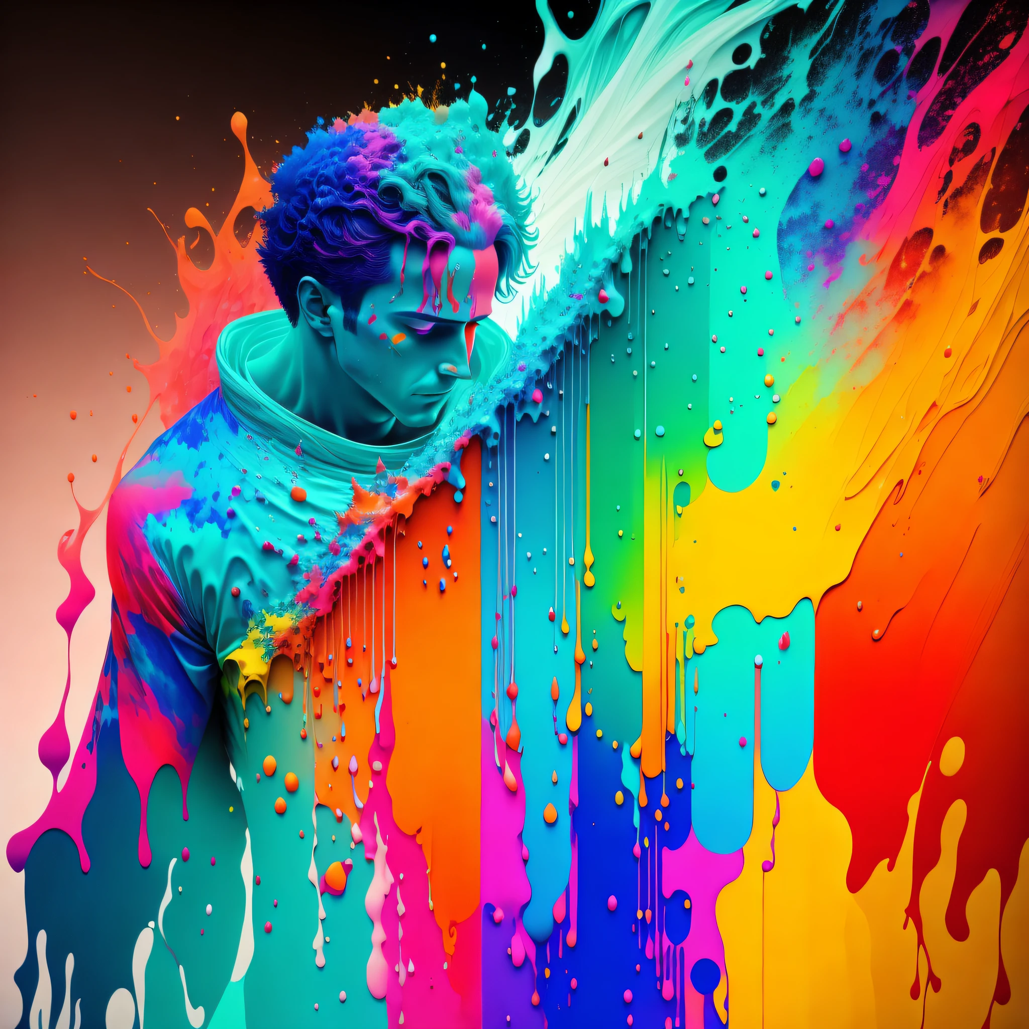 Colorful abstract art of paint forming a man and a mullher, Romantic lighting, sub-surface Scatterring, brightness, underwater paint art awarded by Alberto Seveso