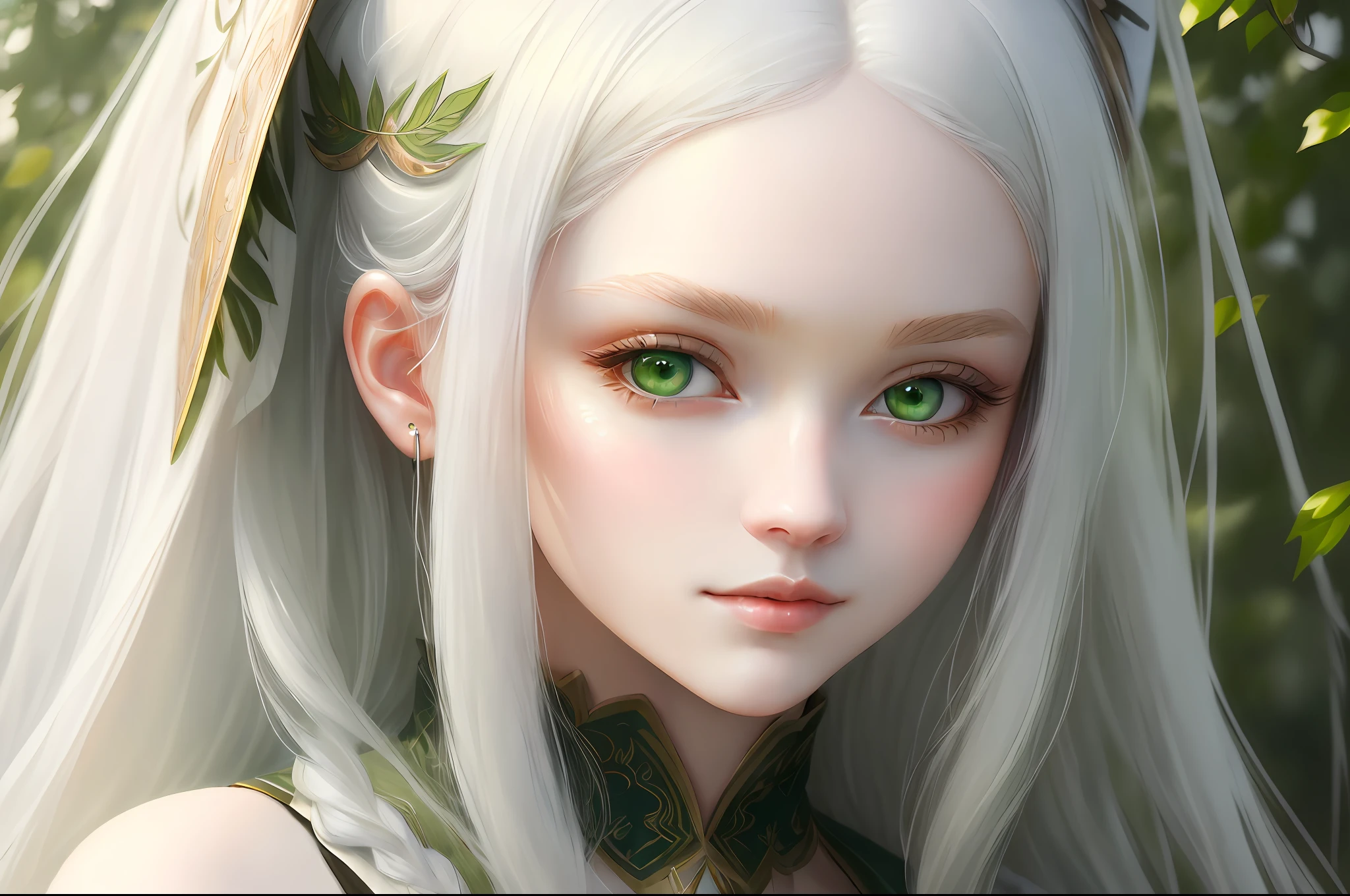 "(((Masterpiece)))), best quality, ultra-detailed details, extremely delicate and beautiful 8k wallpaper, floating, zooming in on the face of a beautiful girl with long white hair, intense green eyes and pale skin."