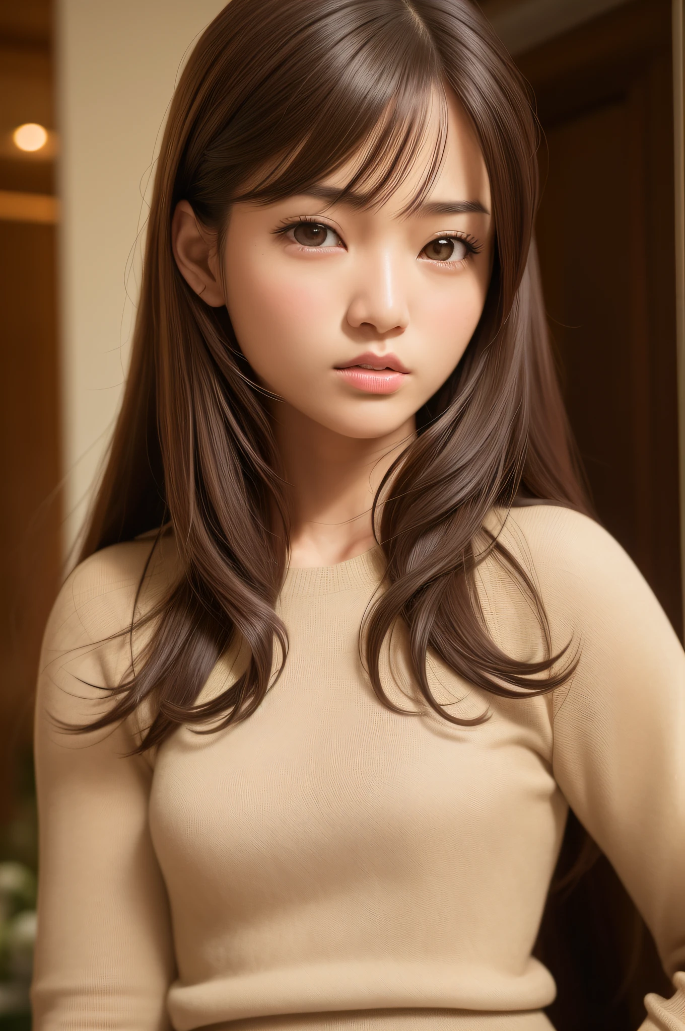 arafed asian woman with long brown hair and a sweater, beautiful japanese girls face, girl cute-fine-face, beautiful girl model, photorealistic anime girl render, photorealistic anime, realistic young anime girl, smooth anime cg art, beautiful model girl, 3 d anime realistic, realistic young gravure idol, realistic anime 3 d style