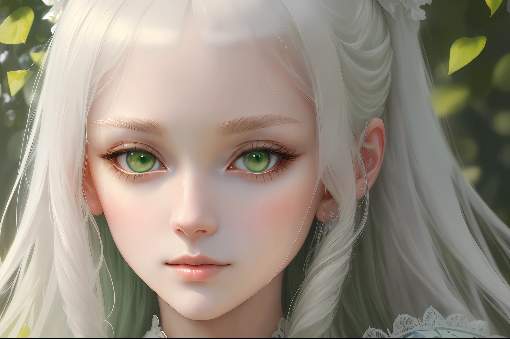 "(((Masterpiece)))), best quality, ultra-detailed details, extremely delicate and beautiful 8k wallpaper, floating, zooming in on the face of a beautiful girl with long white hair, intense green eyes and pale skin."