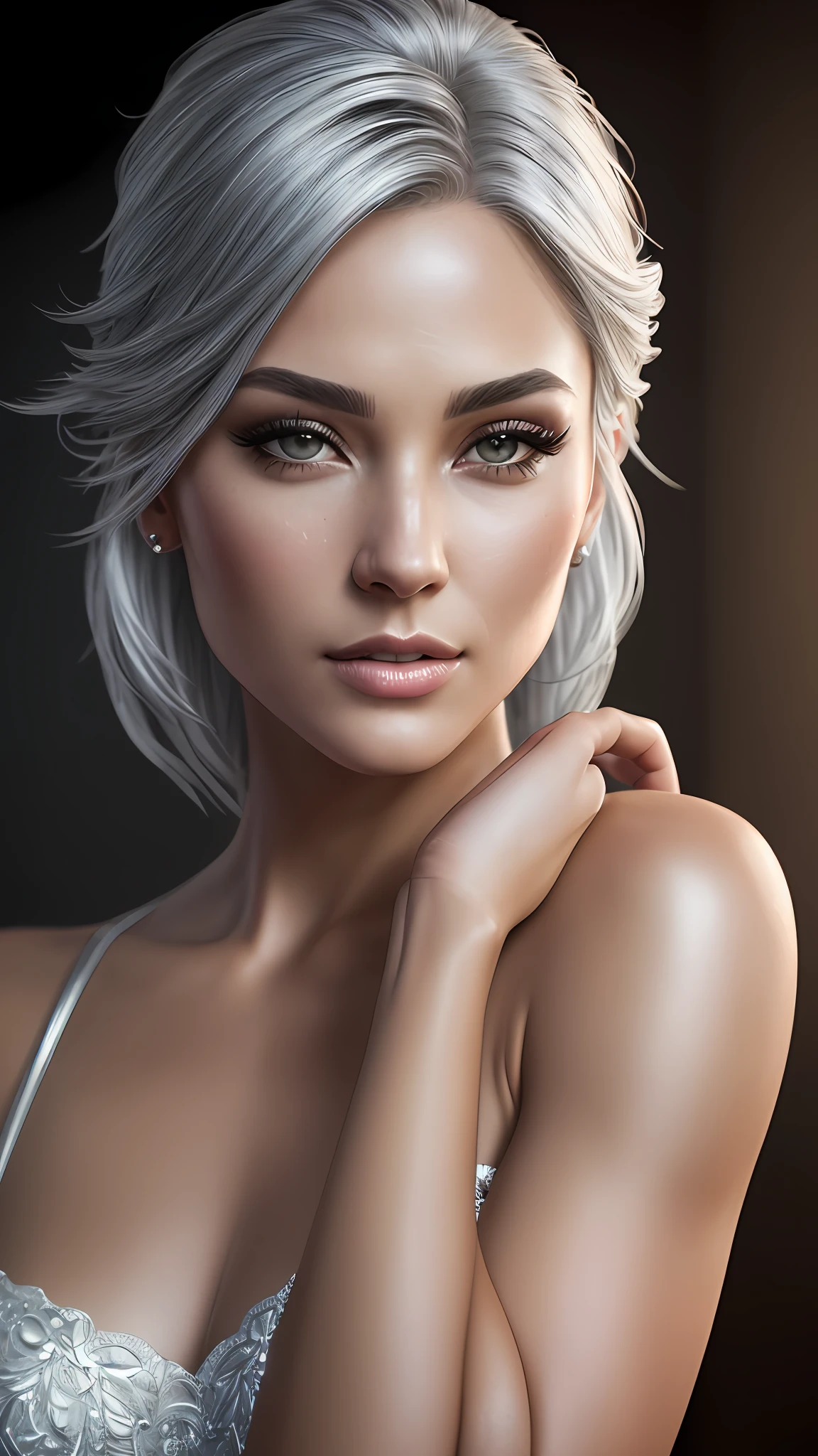 (RAW,, Nikon Z 14mm ultra-wide-angle lens, award-winning glamour photography, ((best quality)), ((masterpiece)), ((realistic)), skin pores, subsurface scattering, radiant light rays, high resolution, detailed facial features, high detail, sharp focus, smooth, aesthetic, extremely detailed, (extremely detailed eyes, extremely detailed iris), extremely detailed hair, extremely detailed skin, extremely detailed clothing, octane rendering, photorealistic, realistic, post-processing, maximum detail, realistic shadows, roughness, natural skin texture, real life, ultrarealistic, photorealism, photography, 8k UHD, photography, hdr, intricate, elegant, highly detailed, sharp focus, stunning, beautiful, beautiful), Detailed realistic beautiful woman, 40 years old like Marvel Storm, makeup, layered hair, realistic skin, photorealistic, athletic body, realistic, cinematic shooting, (extremely detailed CG unit 8k wallpaper), trend in ArtStation, trend in CGSociety, high detail, sharp focus, dramatic, beautiful background, full shot, high quality, (beautiful face), (detailed face), detailed hands, beautiful hands, (silver hair: 1.5)