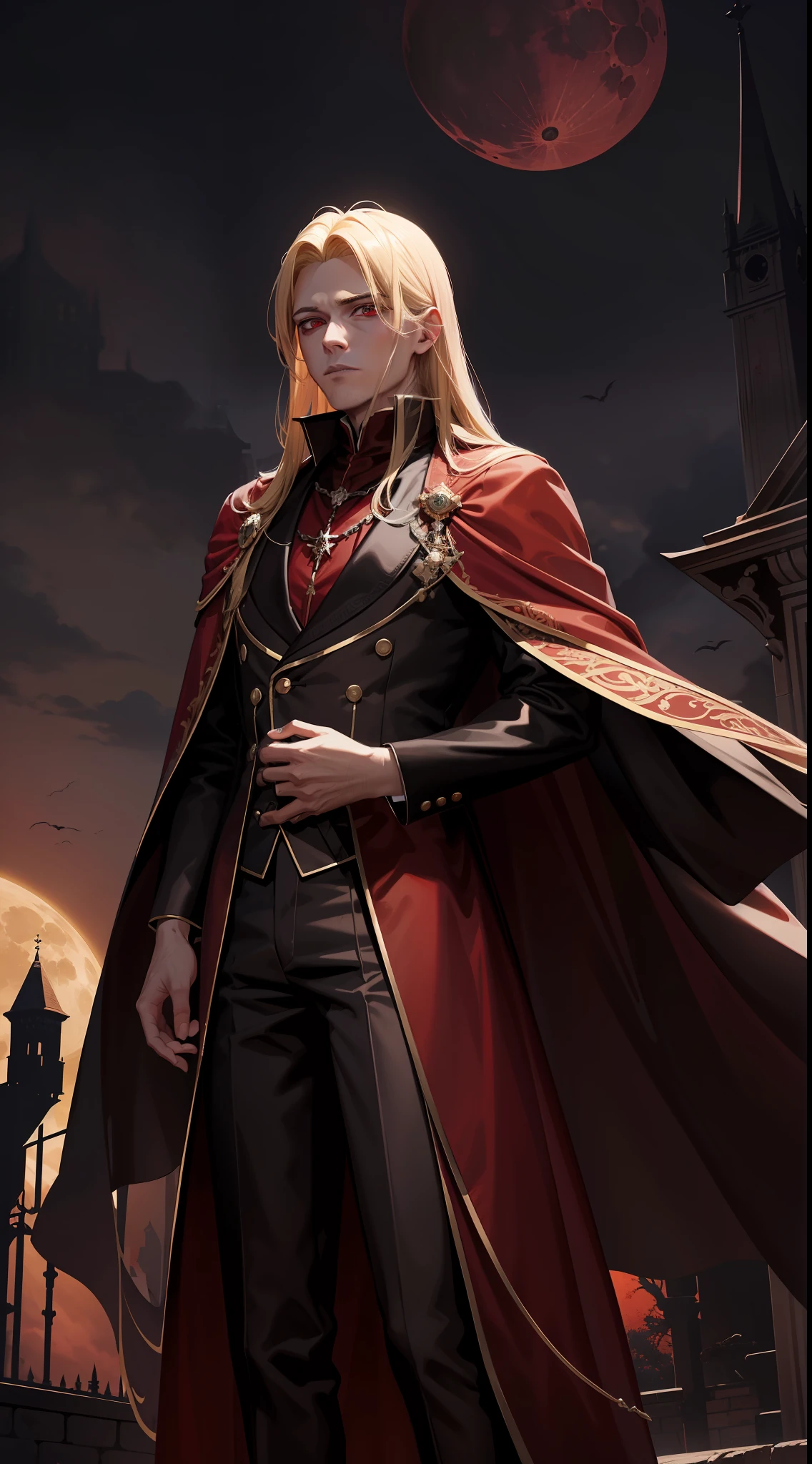 A 29-year-old man, a vampire king with blonde hair and red eyes, he wears a brown robe and black outfit with red. (Senarius a bloody moon night in a royal castle)