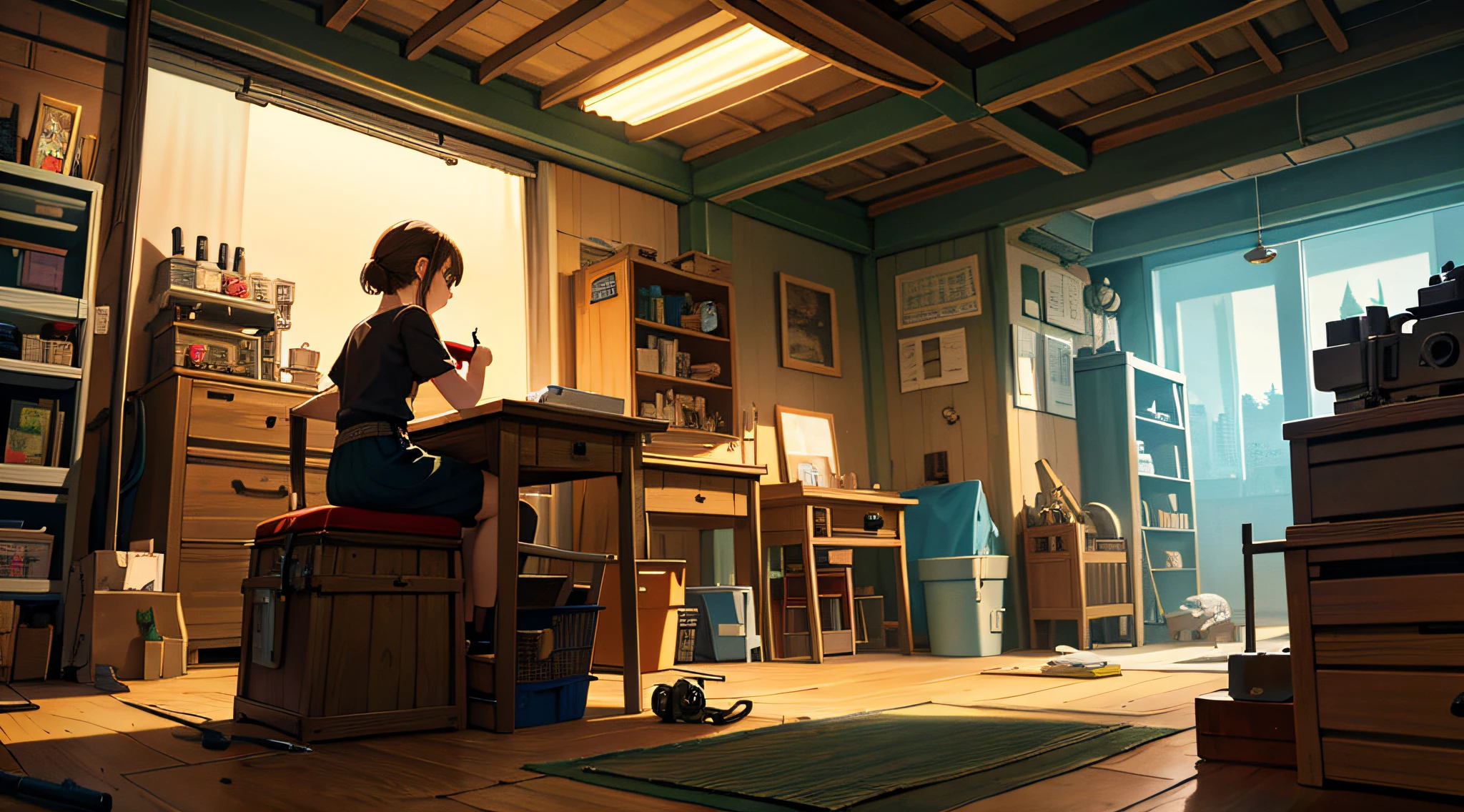 Best masterpiece, masterpiece, top quality, official art, aesthetic, detailed, studio animation, busy scene of small machine town surrounded by small machines and tools, girl sitting in room, repairing something, concentrating on inventing something with curiosity, back view, invention, detail, super high quality, 4K, 8K, 16K, Ghibli style.