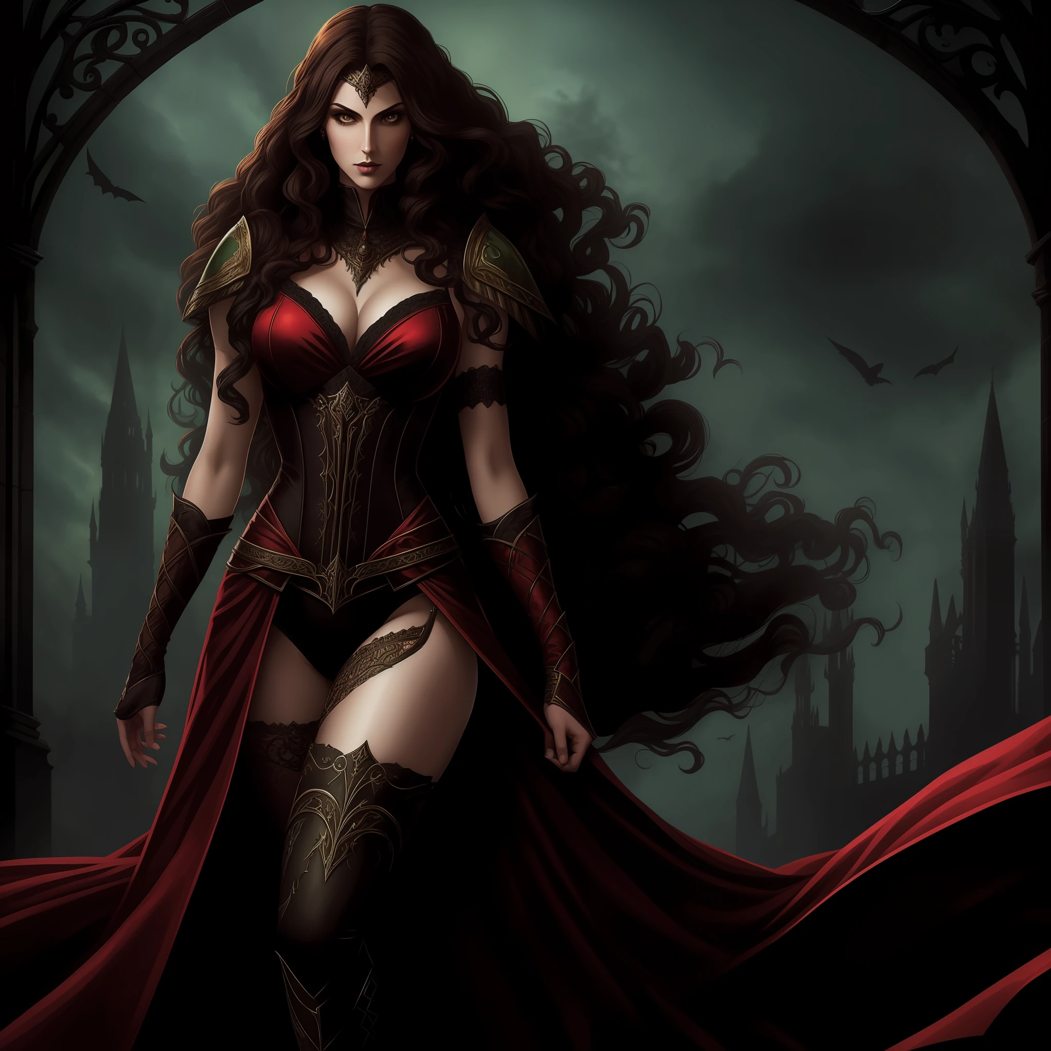 Me in a gothic setting of Castlevania, long brown and curly hair, elongated and well-defined face with features of a tall woman with Italian ancestry, wearing metallic red and black bikini, green eyes, wide hips, intricate details. The background is dark and Gothic, adding to the mysterious atmosphere. This art is on the rise at ArtStation, capturing the essence of the iconic Symphony of the Night game. The illustration is soft, with sharp focus, showing the beauty and fascination of me