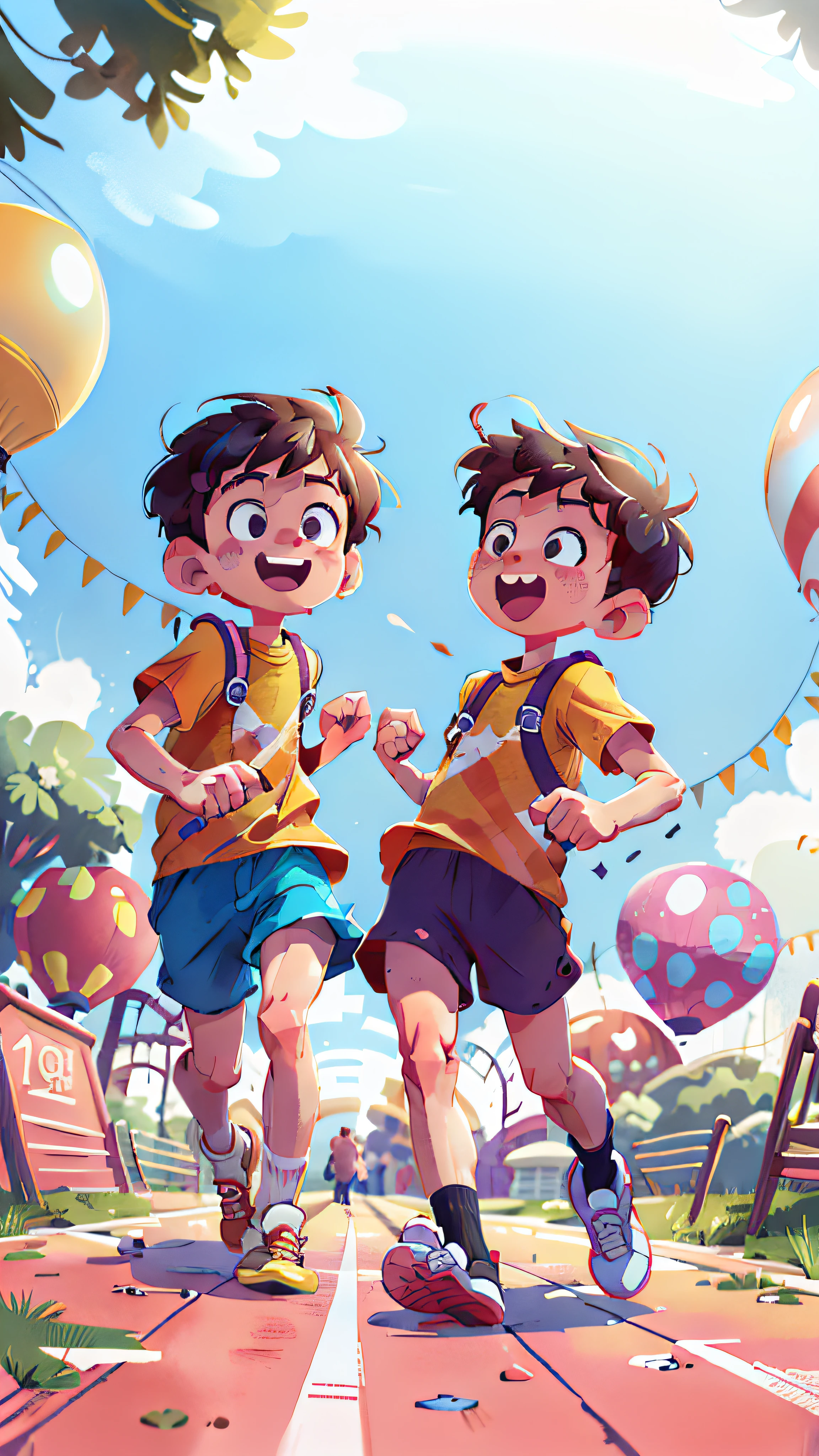 (SFW), two running boys, amusement park, holding balloons, happy, happy, perfect quality, clear focus, colorful, perfect face, intricate details, ultra-low viewing angle, wide angle lens --v 6
