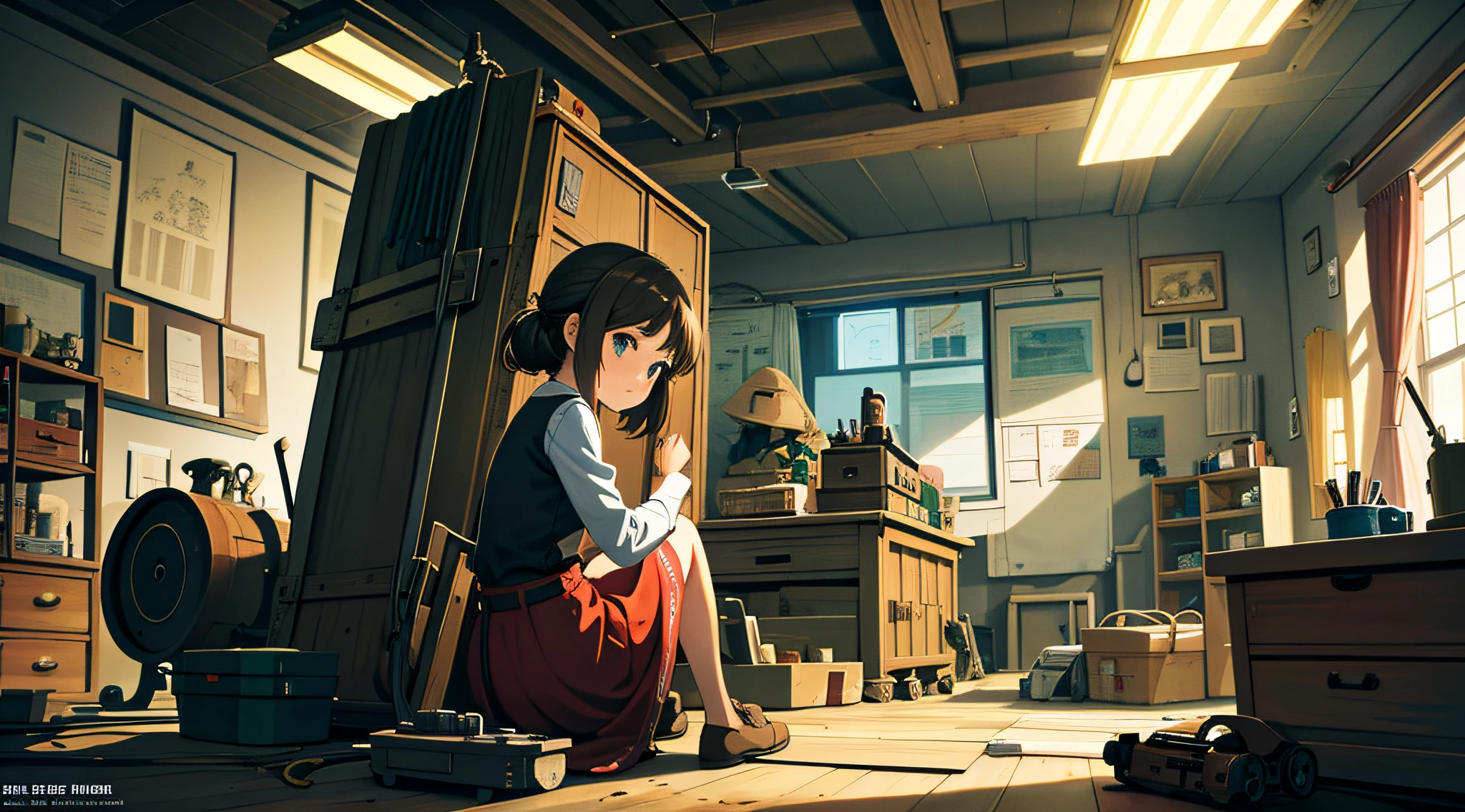 Best masterpiece, masterpiece, top quality, official art, aesthetic, detailed, studio animation, busy scene of small machine town surrounded by small machines and tools, girl sitting in room, repairing something, concentrating on inventing something with curiosity, back view, invention, detail, super high quality, 4K, 8K, 16K, Ghibli style.