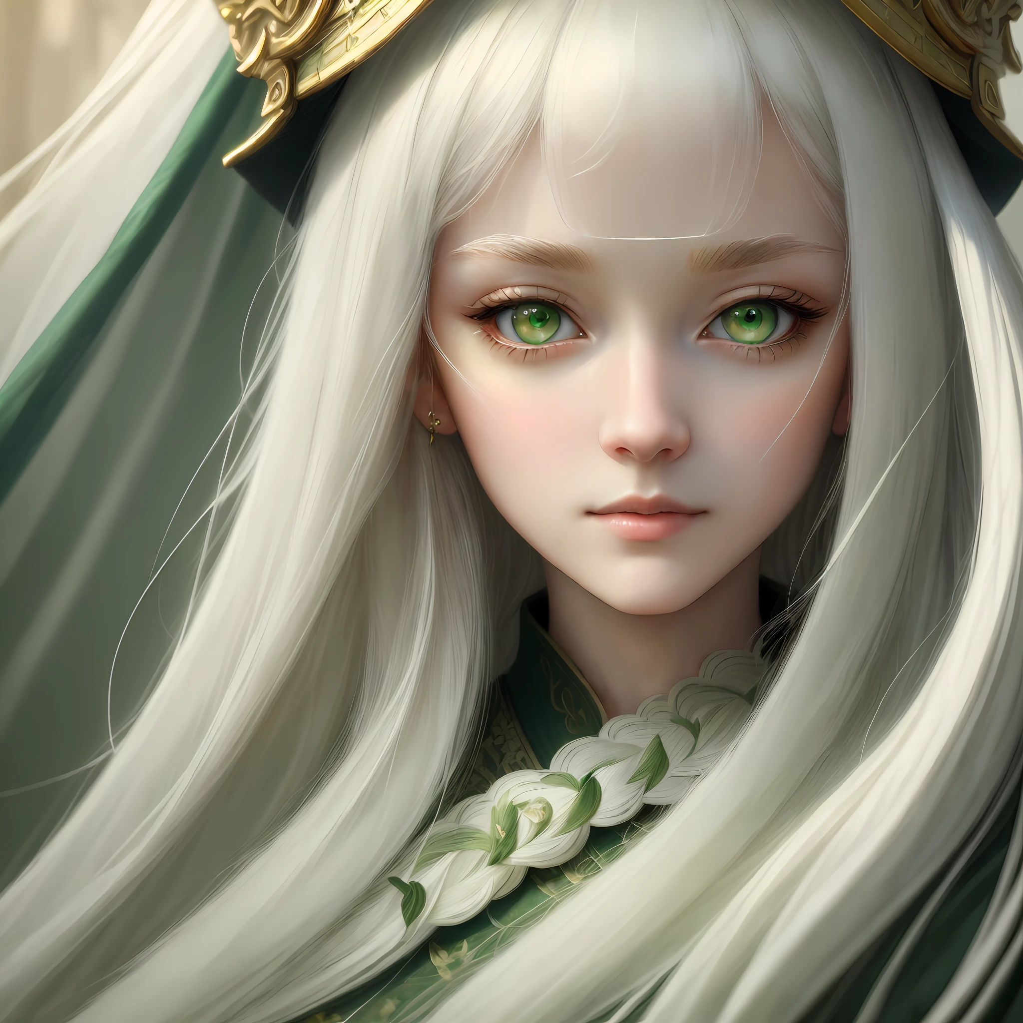 "(((Masterpiece)))), best quality, ultra-detailed details, extremely delicate and beautiful 8k wallpaper, floating, zooming in on the face of a beautiful girl with long white hair, intense green eyes and pale skin."