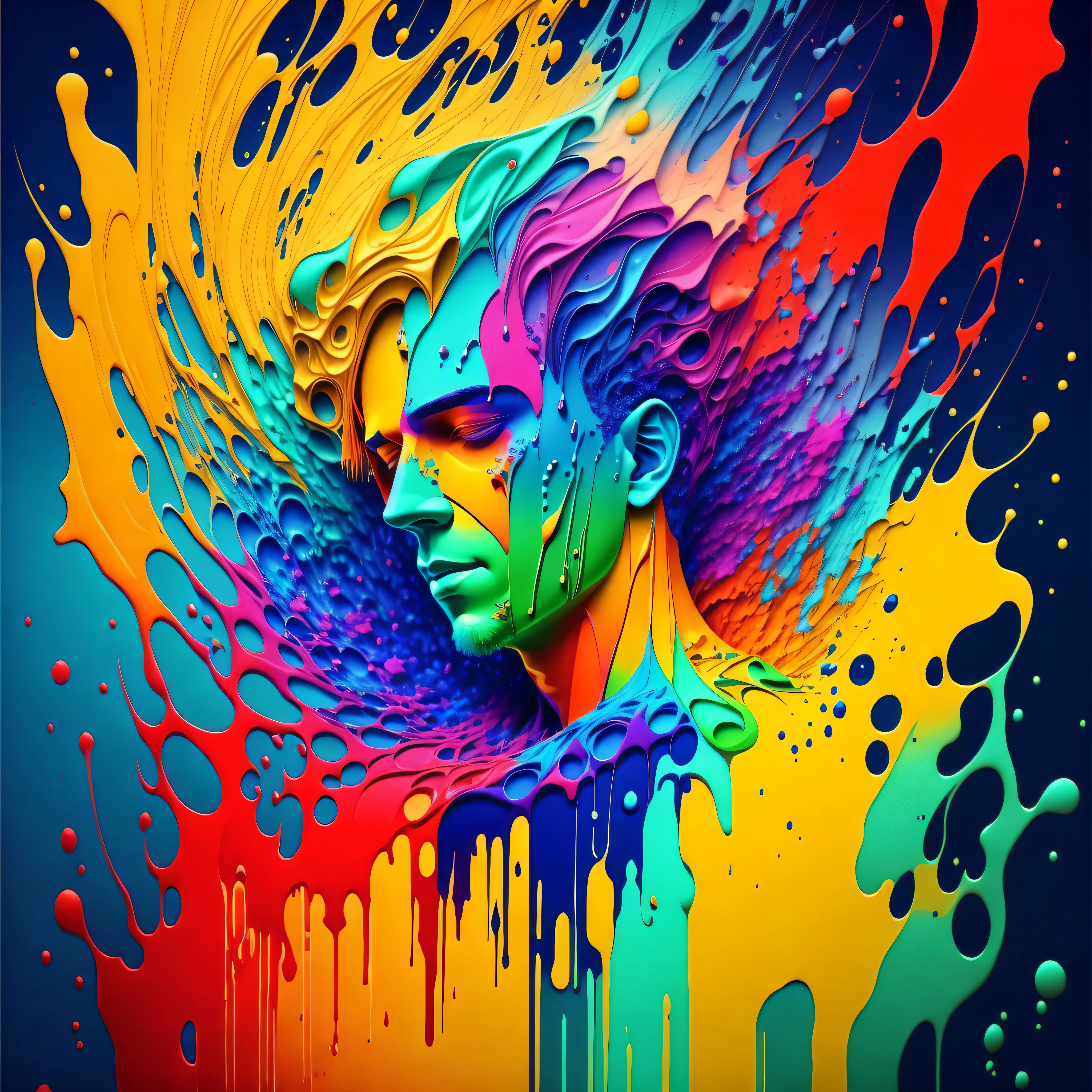 Colorful abstract art of paint forming man, Romantic lighting, Sub-surface Scatterring, Brightness, Underwater paint art awarded by Alberto Seveso