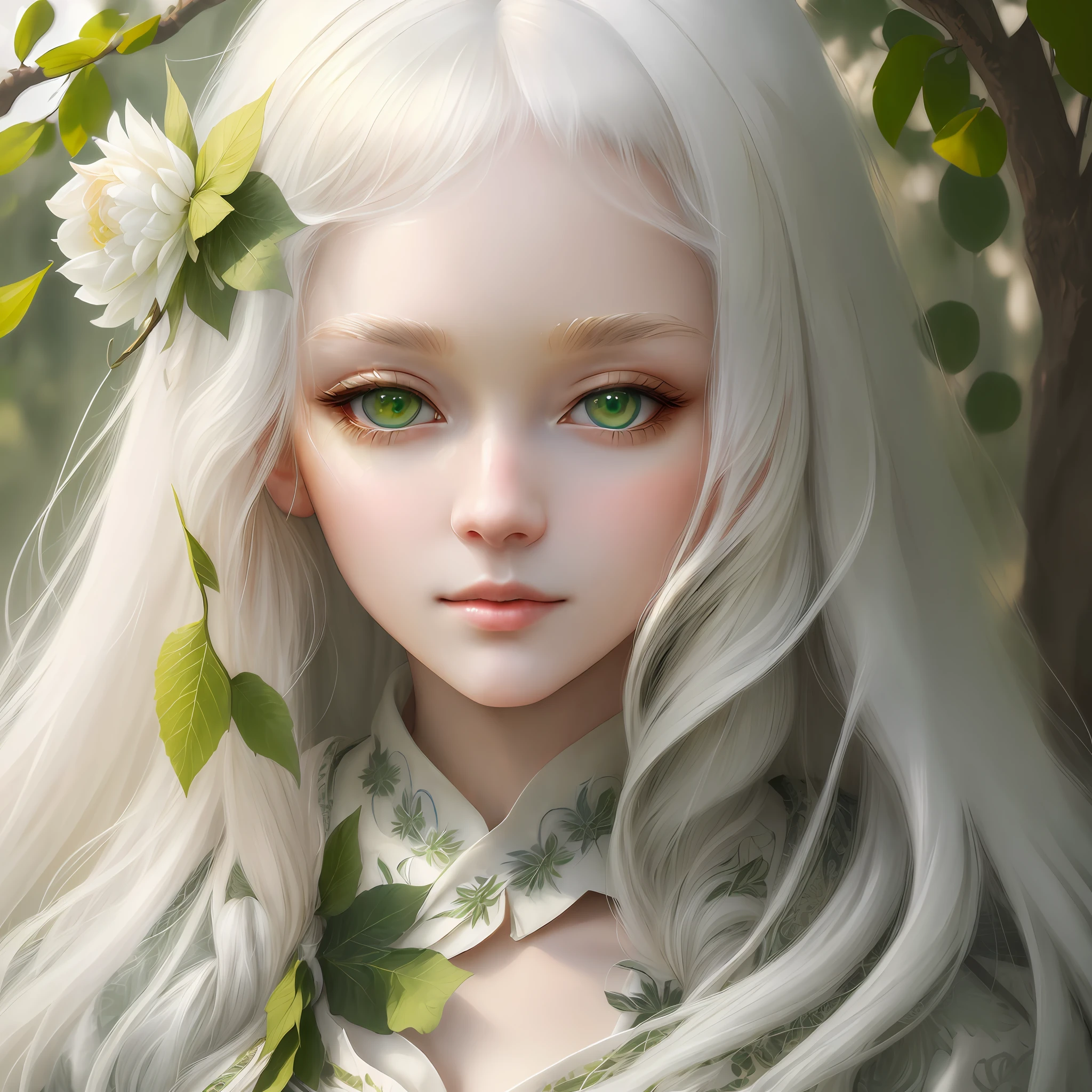"(((Masterpiece)))), best quality, ultra-detailed details, extremely delicate and beautiful 8k wallpaper, floating, zooming in on the face of a beautiful girl with long white hair, intense green eyes and pale skin."