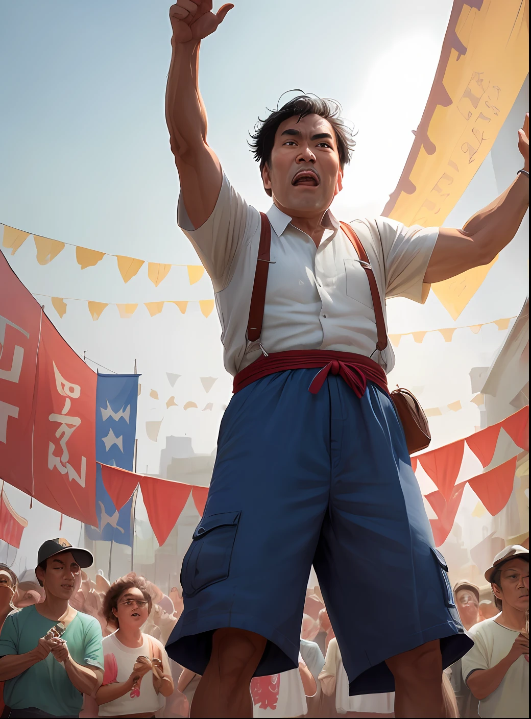 Bruce Lee skateboarding in a sunga basilia with an Argentine shirt