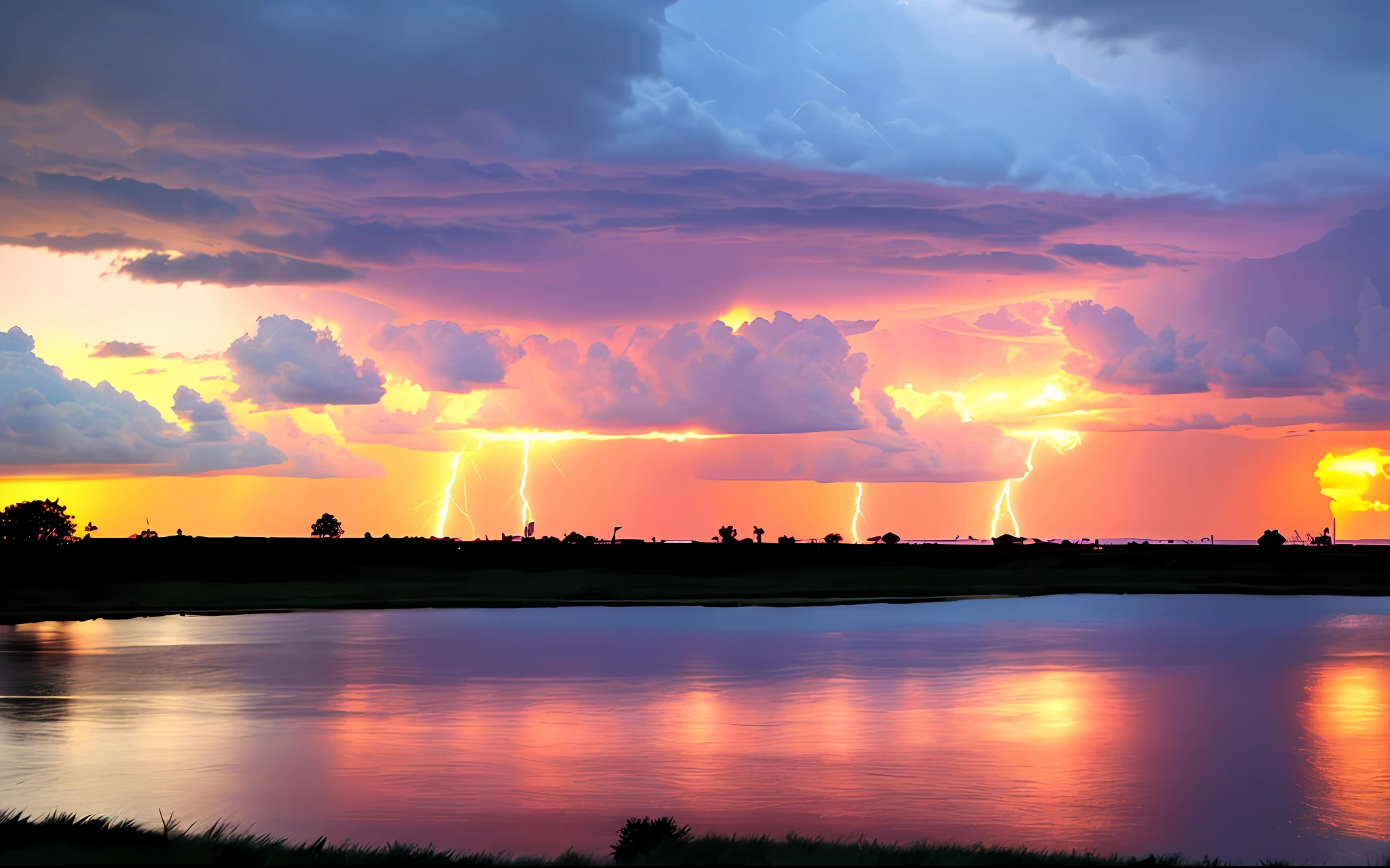 Sunset on a rainy day with lightning and the stalone in the background