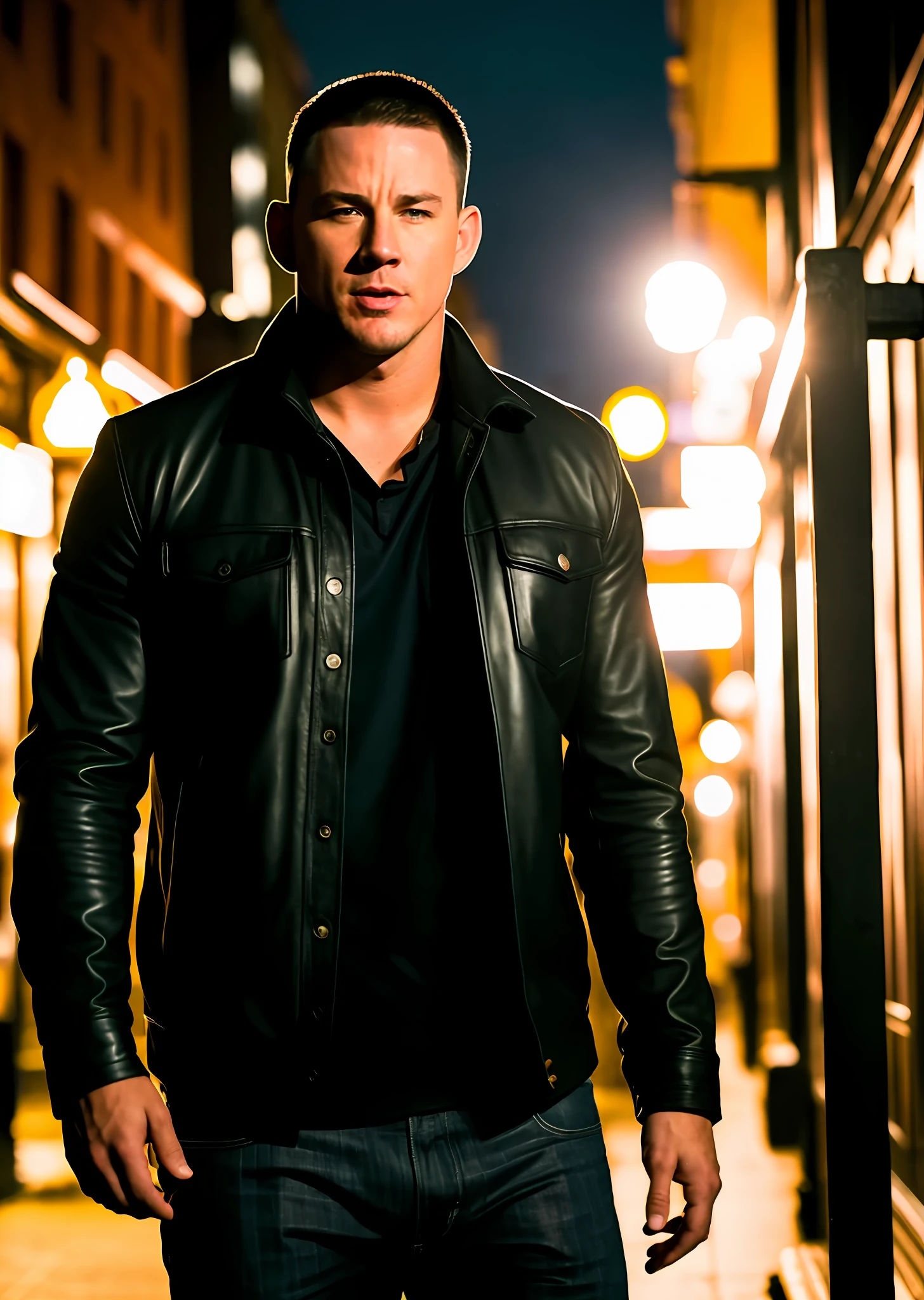 RAW photo, a photo of channing tatum of 25 years, night, city street (very detailed skin: 1.2), 8k uhd, dslr, soft lighting, high quality, film grain, Fujifilm XT3